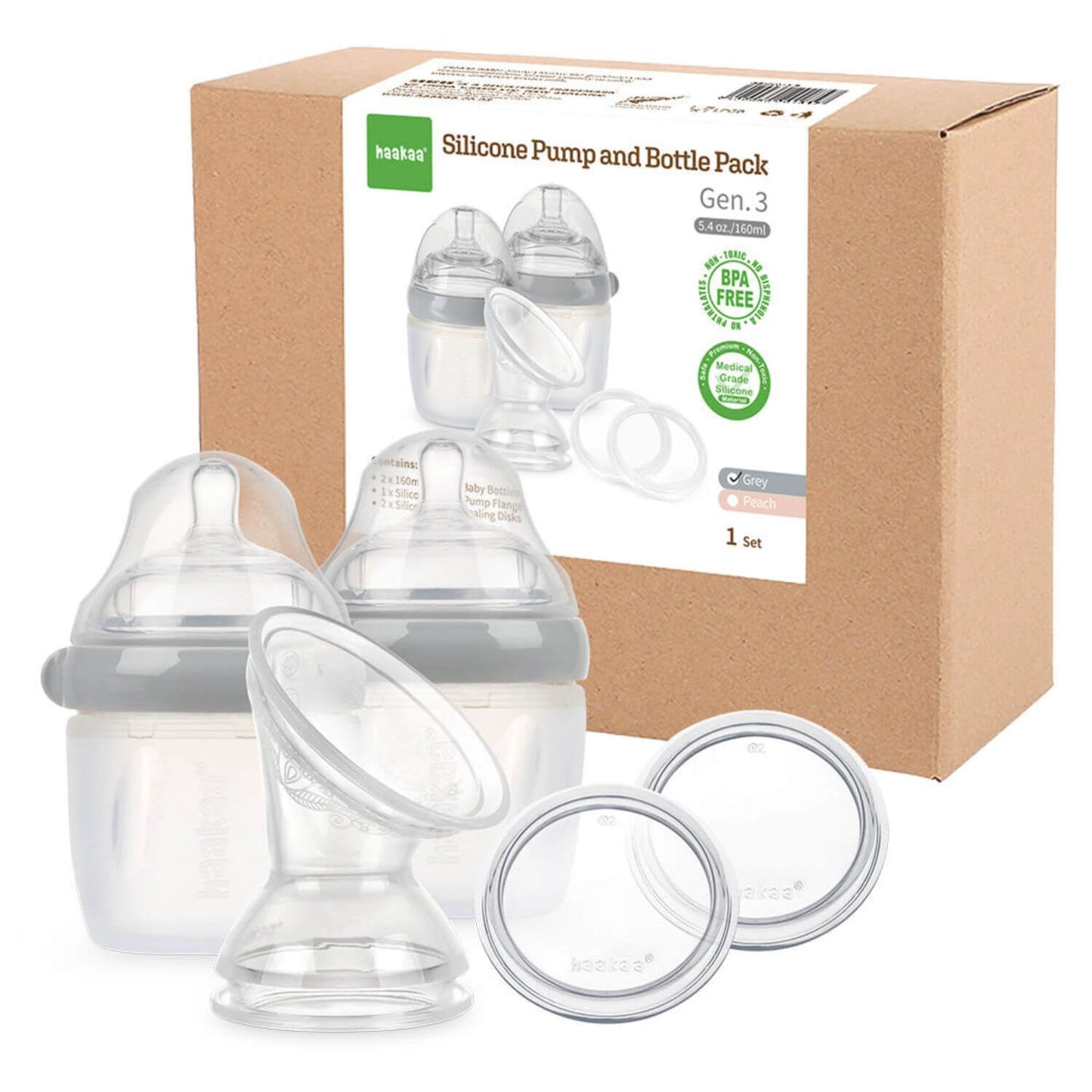 Haakaa Gen 3 Silicone Breast Pump and Bottle Pack 160 ml/6 oz Grey