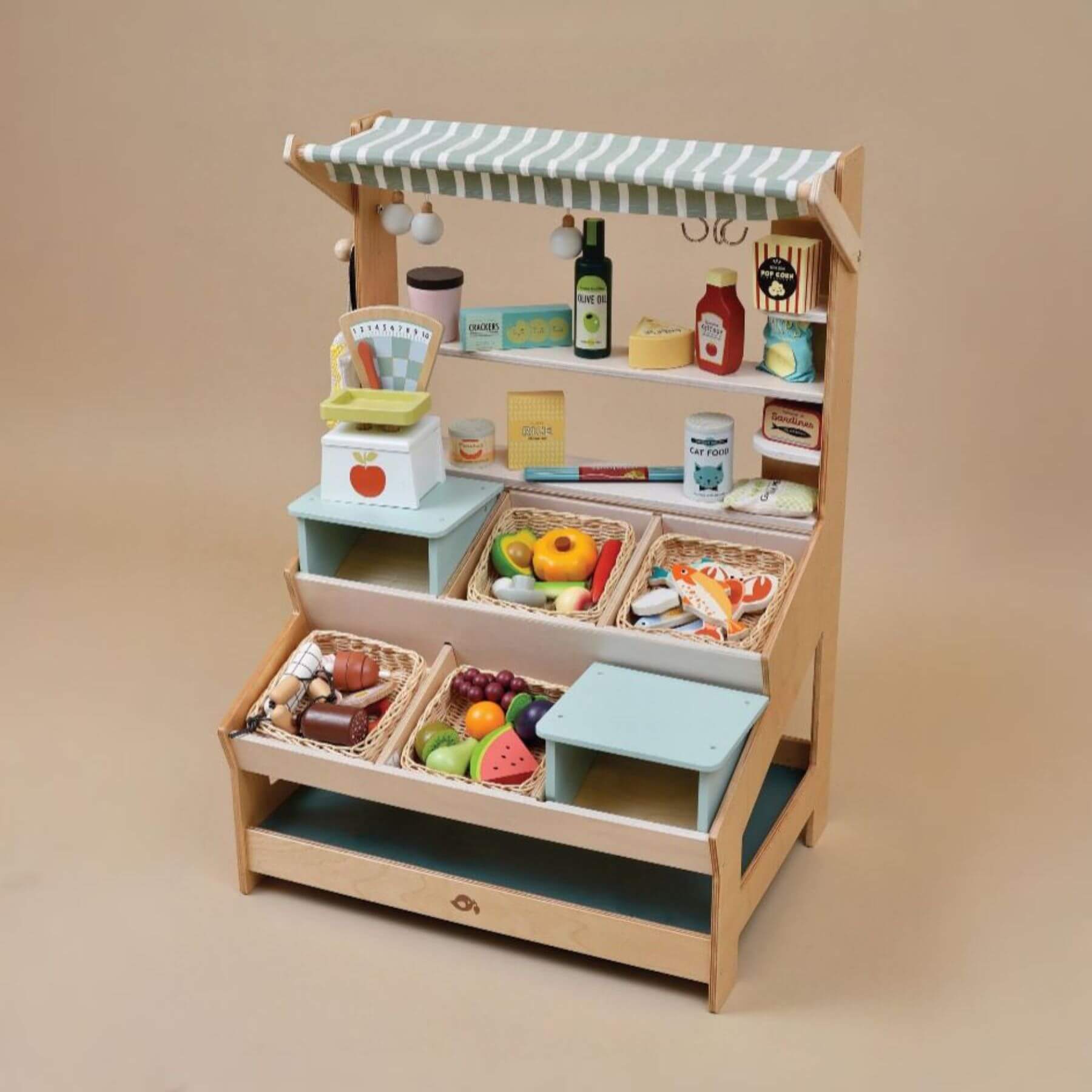 Tender Leaf General Stores, featuring various toy food items on a beige background.