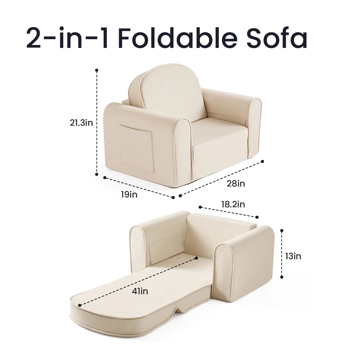 Tiny Land® GentleSnug Kid Chair Beige White with dimensions on a white background