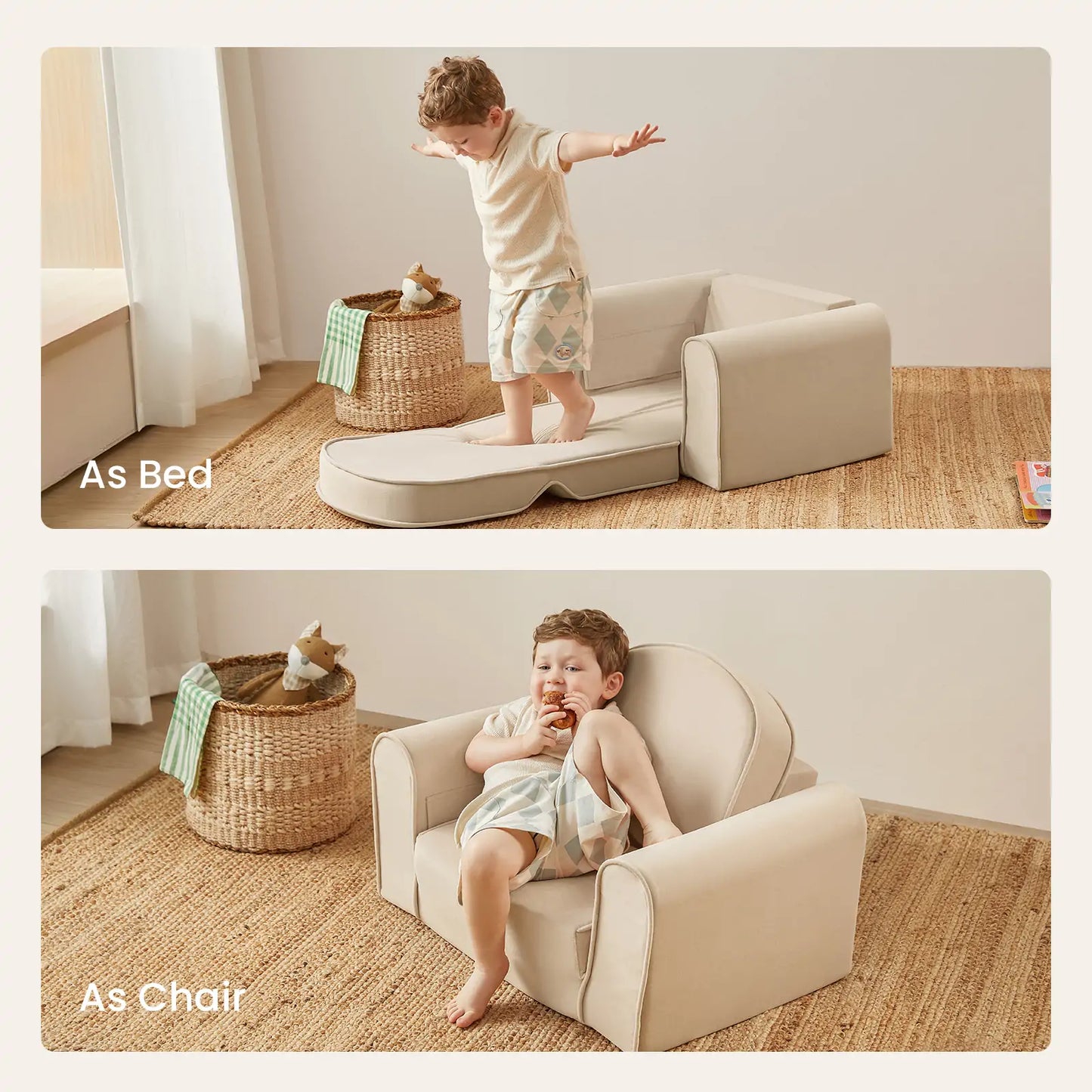 Child playing on Tiny Land® GentleSnug Kid Chair Beige White that can be used as a bed or chair.