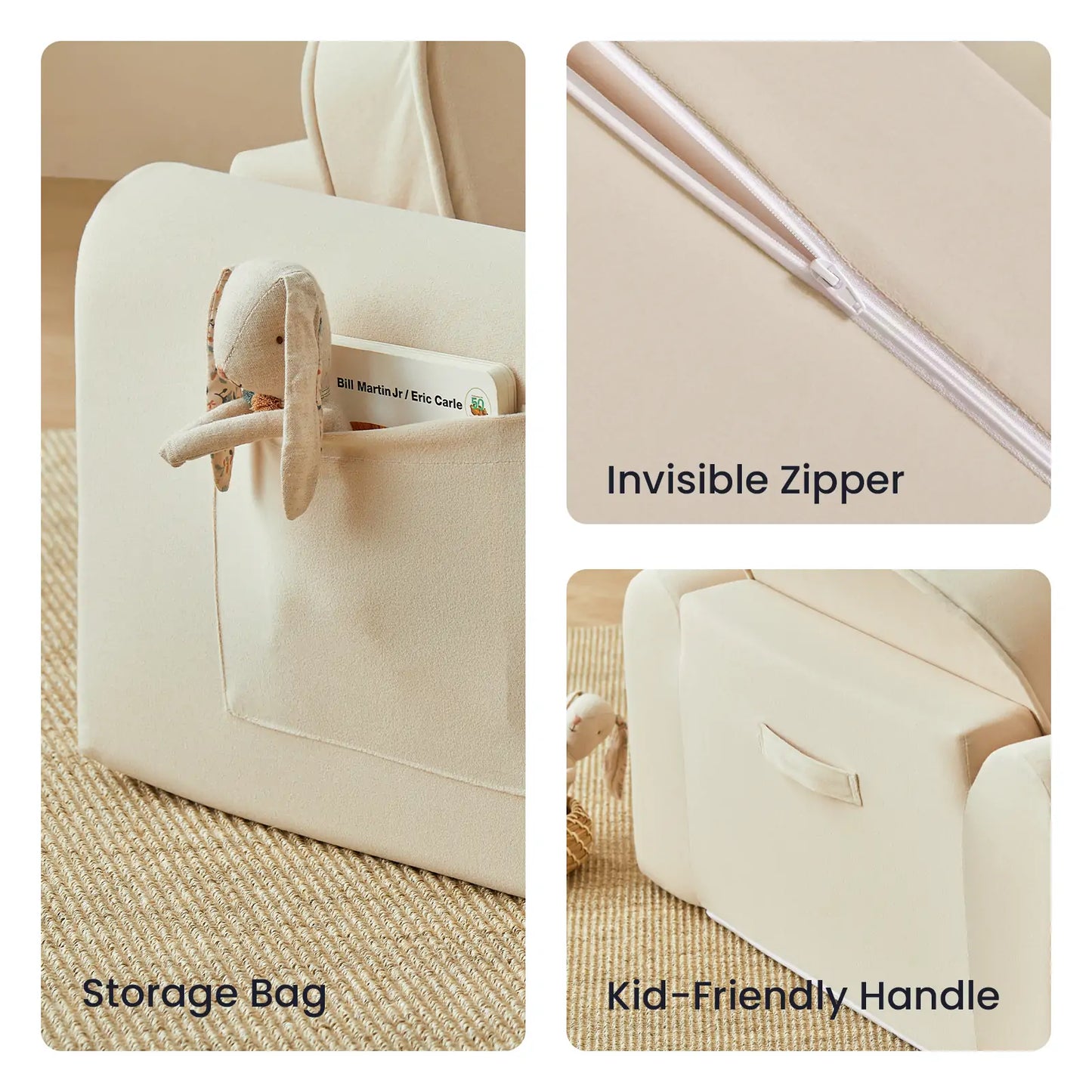 Collage of Tiny Land® GentleSnug Kid Chair Beige White with an invisible zipper, kid-friendly handle, and a toy inside on a textured surface.