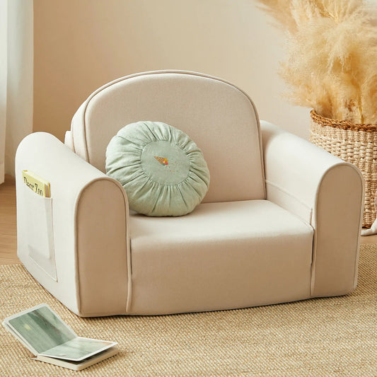 Tiny Land® GentleSnug Kid Chair Beige White on a beige carpet