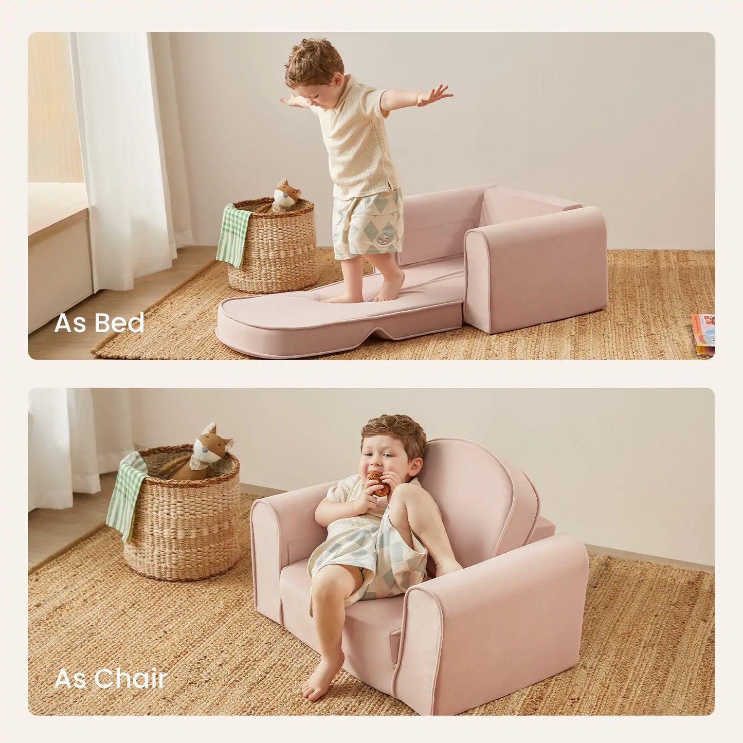 Children playing on a pink kids' bed and chair in a room with a basket and toys.
