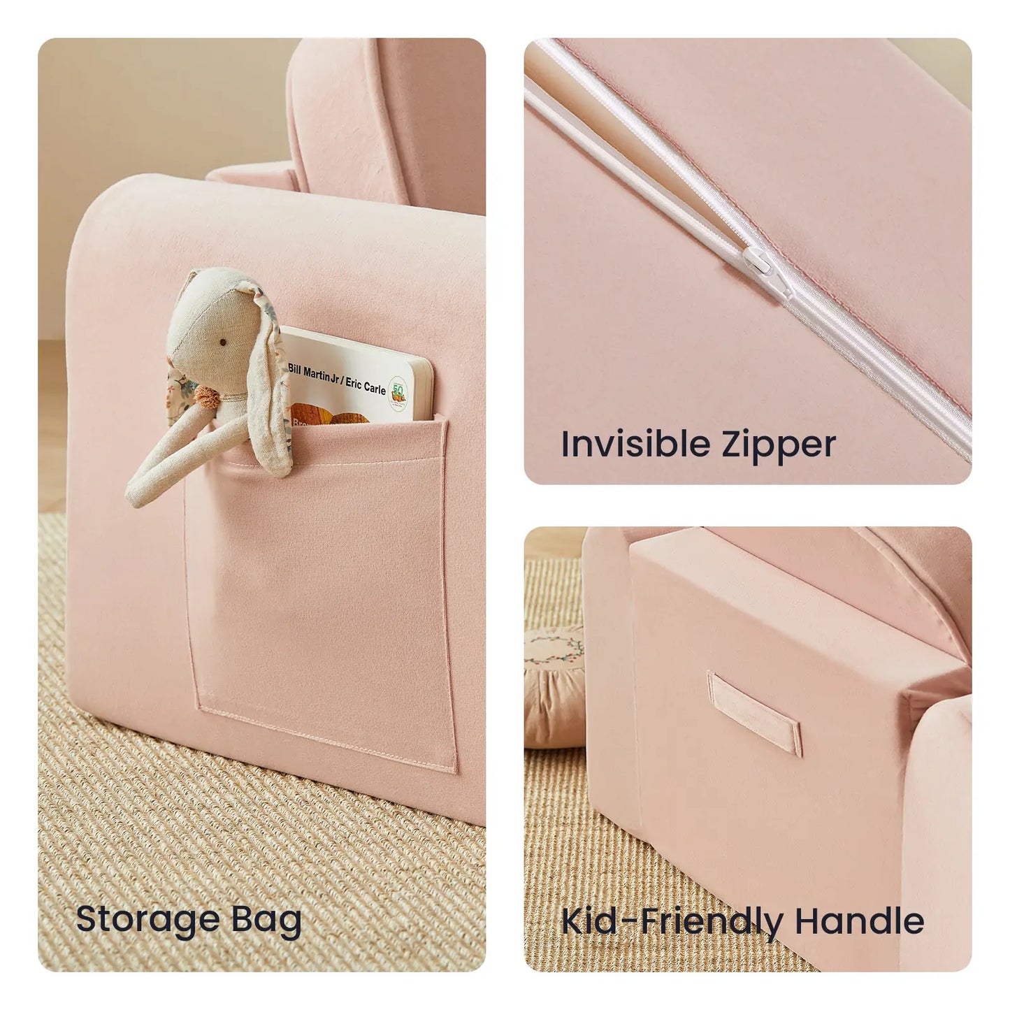 Collage of Tiny Land® GentleSnug Kid Chair Pink with a toy, visible zipper, and kid-friendly handle.