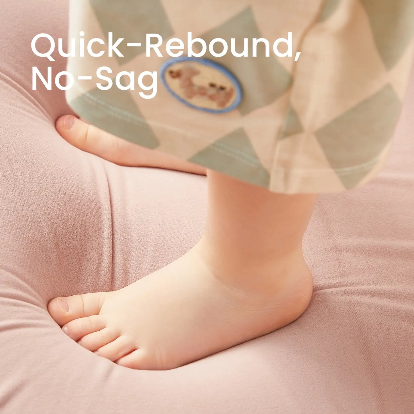 Baby foot with Tiny Land® GentleSnug Kid Chair Pink, text 'Quick-Rebound, No-Sag' above.