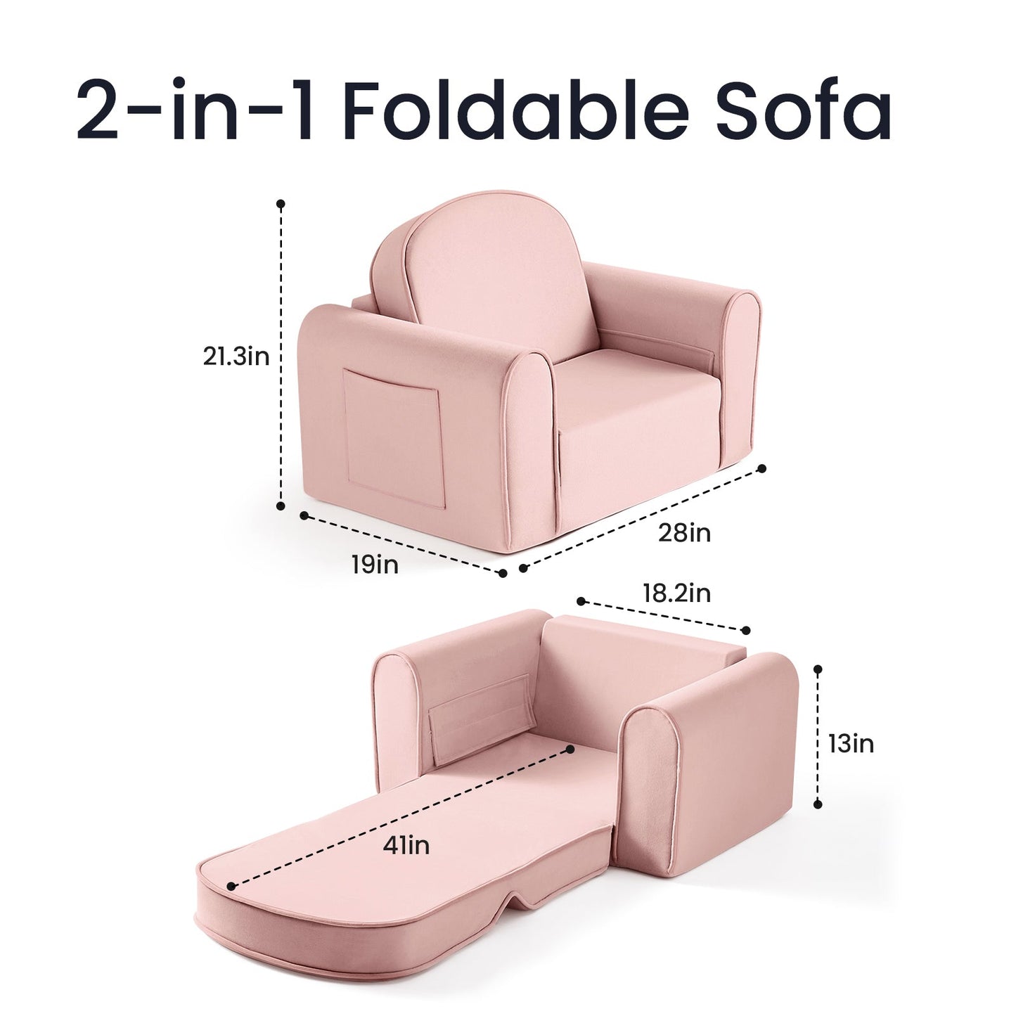 Tiny Land® GentleSnug Kid Chair Pink with dimensions on a white background