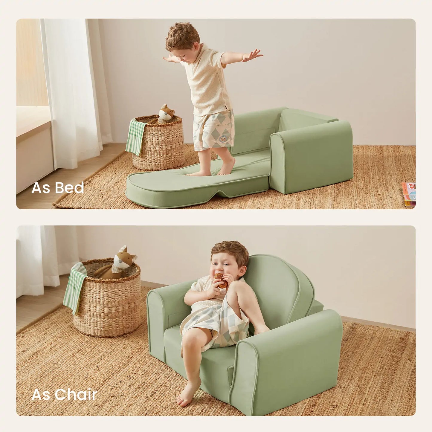 Children playing on Tiny Land® GentleSnug Kid Chair Sage in a room with a basket and toys.