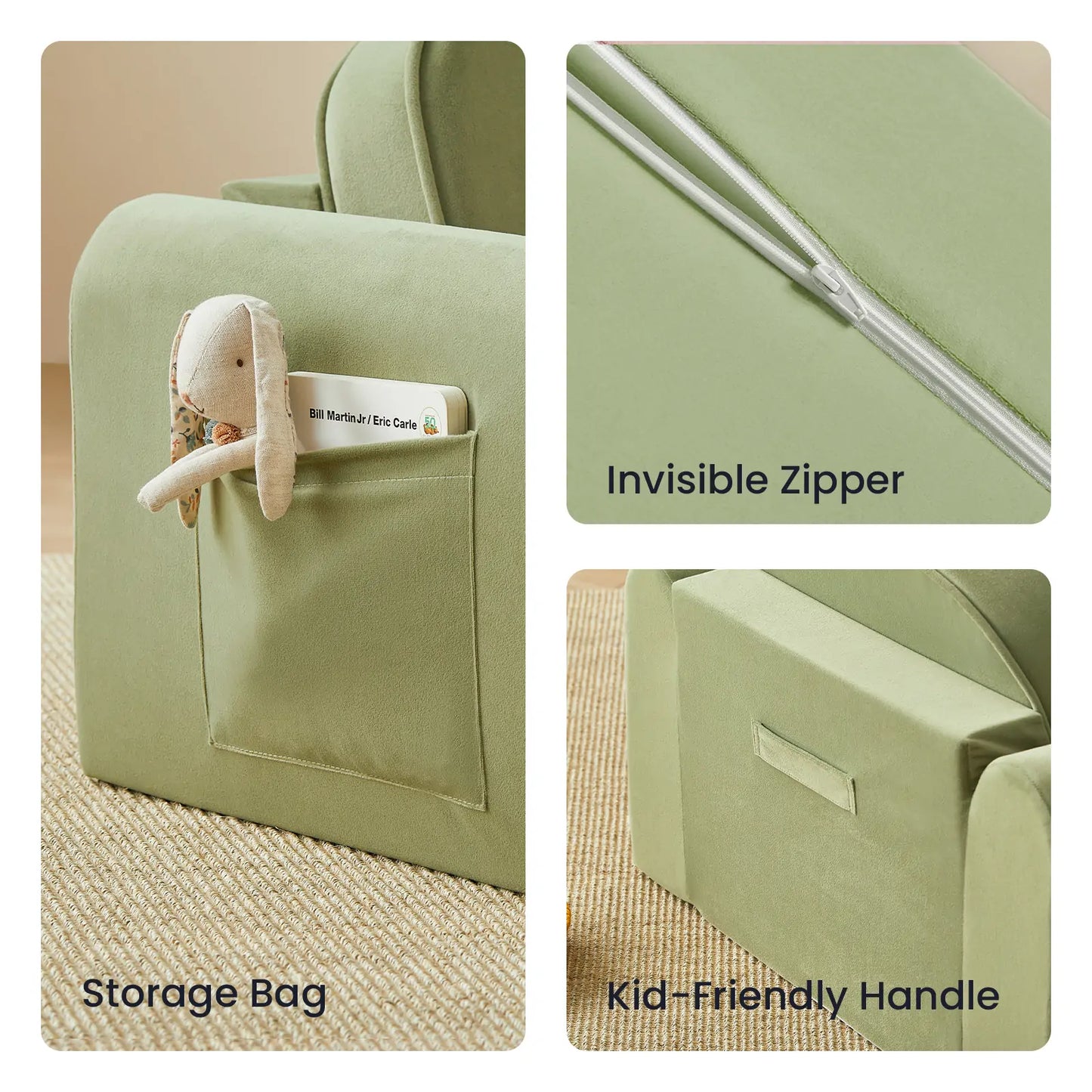 Tiny Land® GentleSnug Kid Chair Sage with elephant toy, visible zipper, and kid-friendly handle on a beige background.