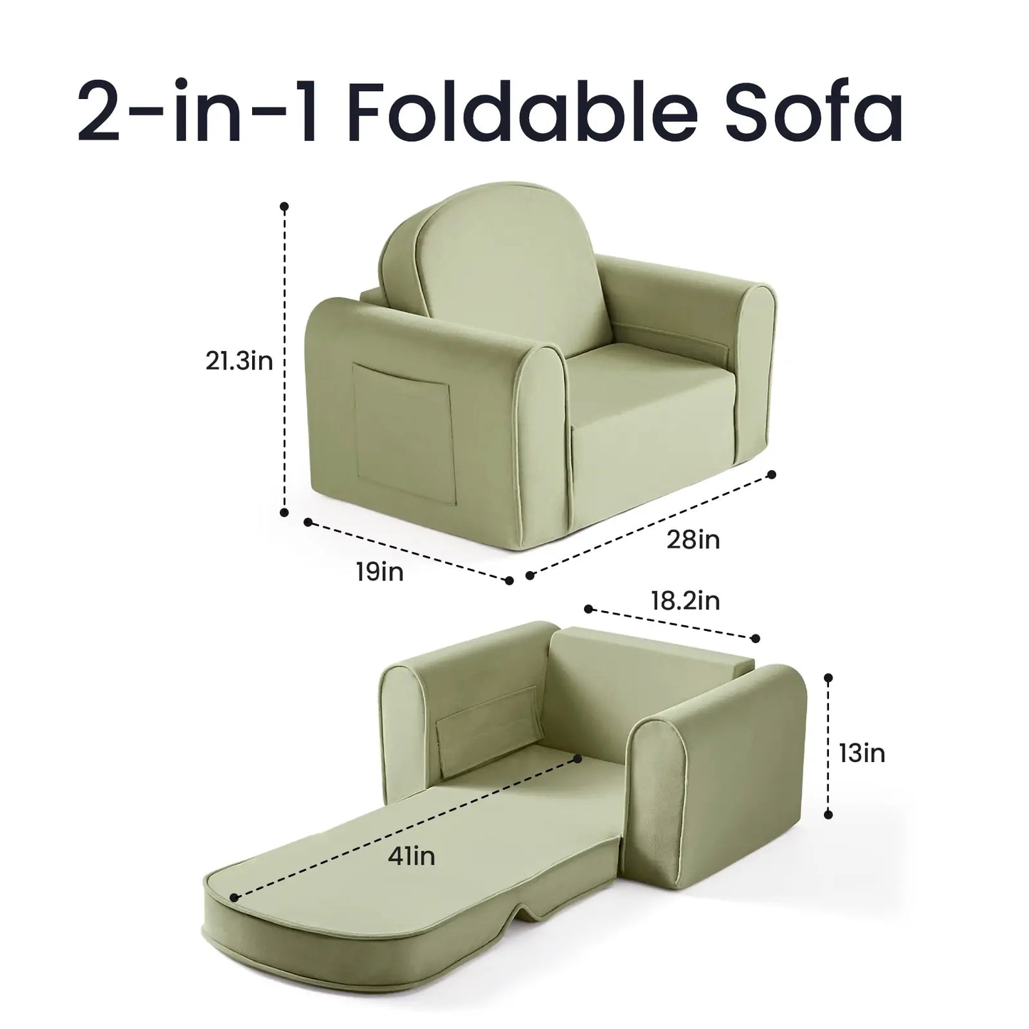 Tiny Land® GentleSnug Kid Chair Sage with dimensions