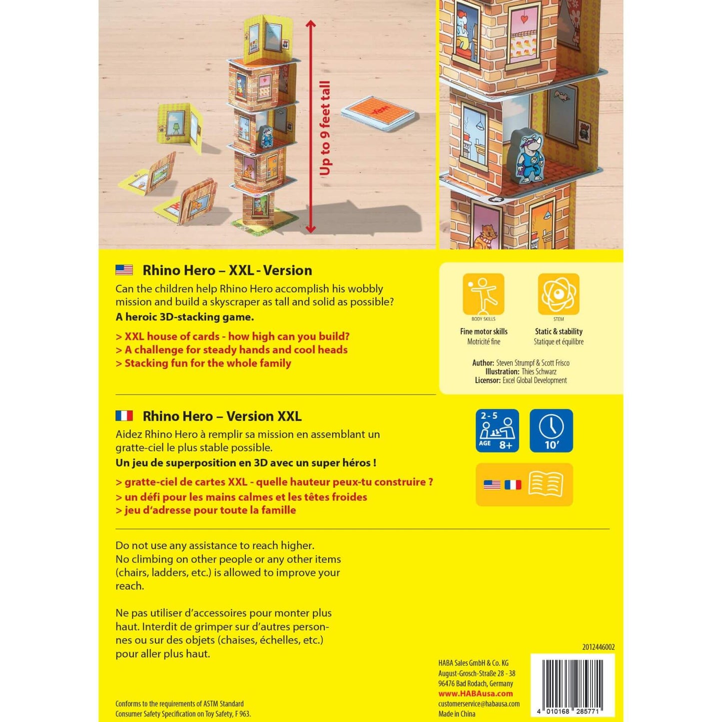 Back of a toy packaging with instructions and graphics for building a tower.