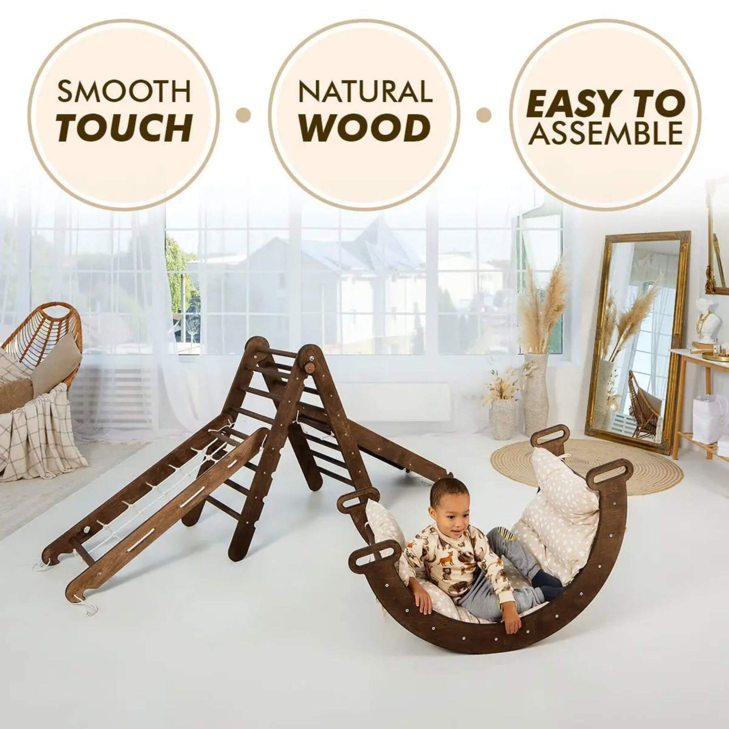 Child playing in Goodevas 5in1 Montessori Climbing Set - Chocolate with text labels on a white background