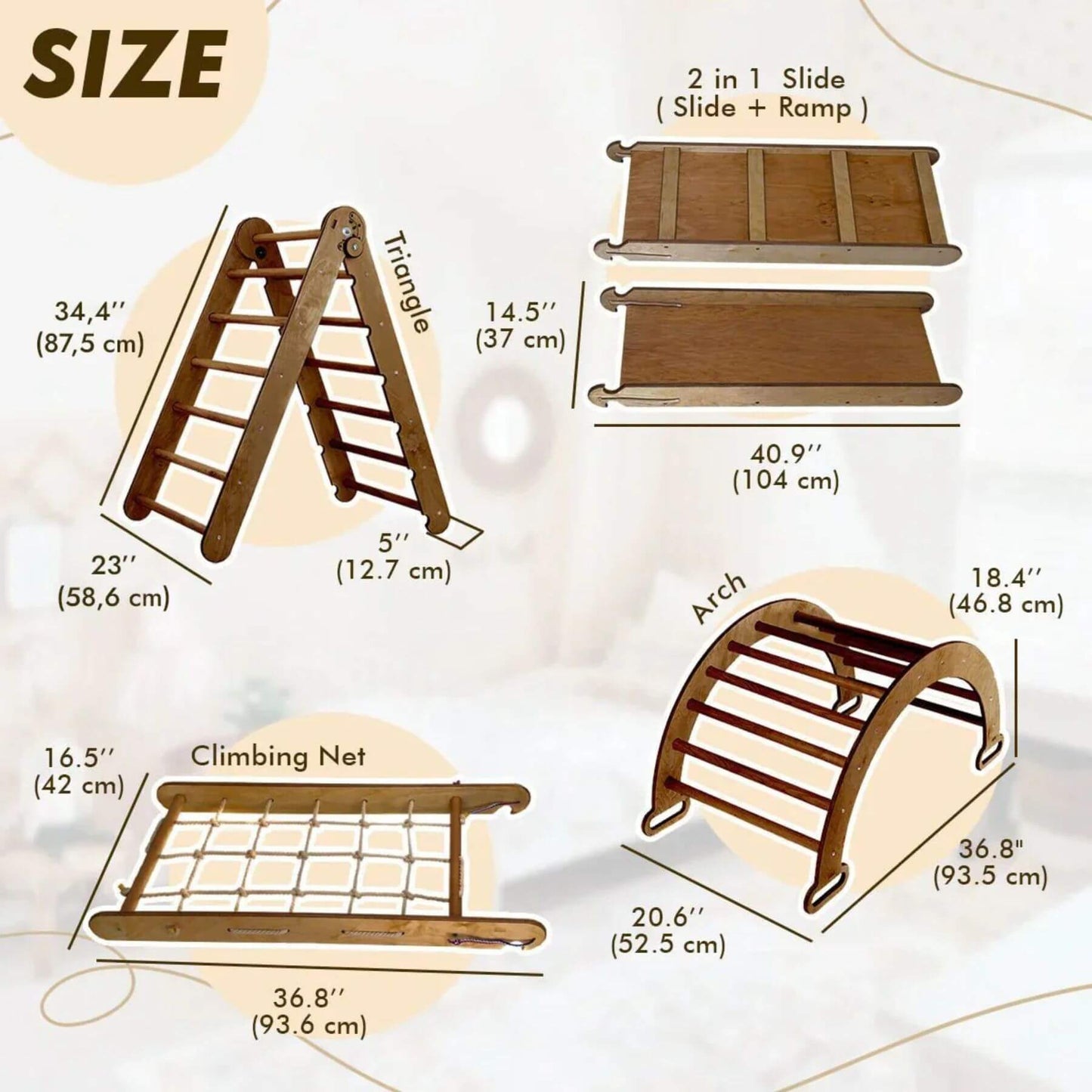 Goodevas 5in1 Montessori Climbing Set - Chocolate with measurements for size and dimensions