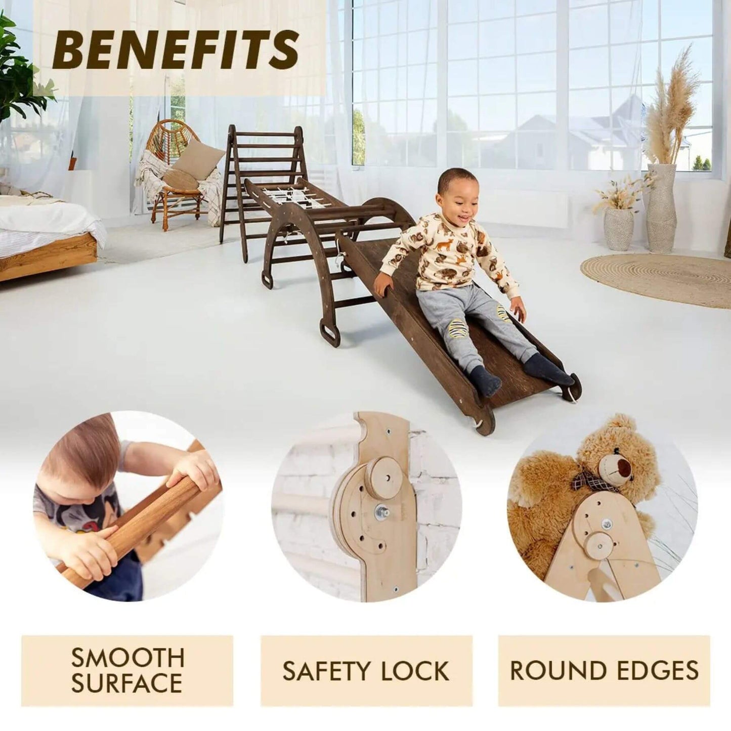 Child sliding down a wooden slide with product benefits highlighted.