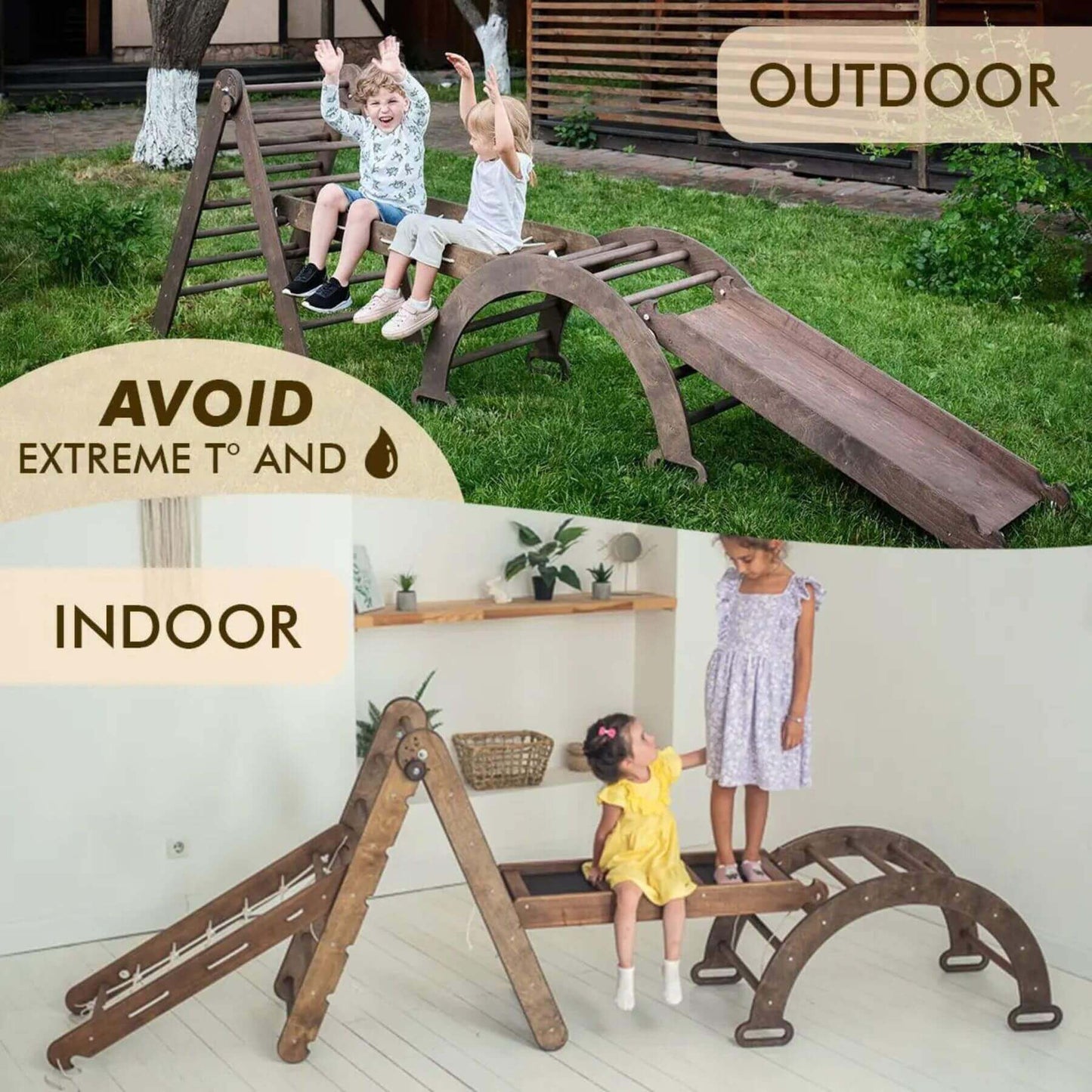 Children playing on a wooden seesaw and slide set outdoors.