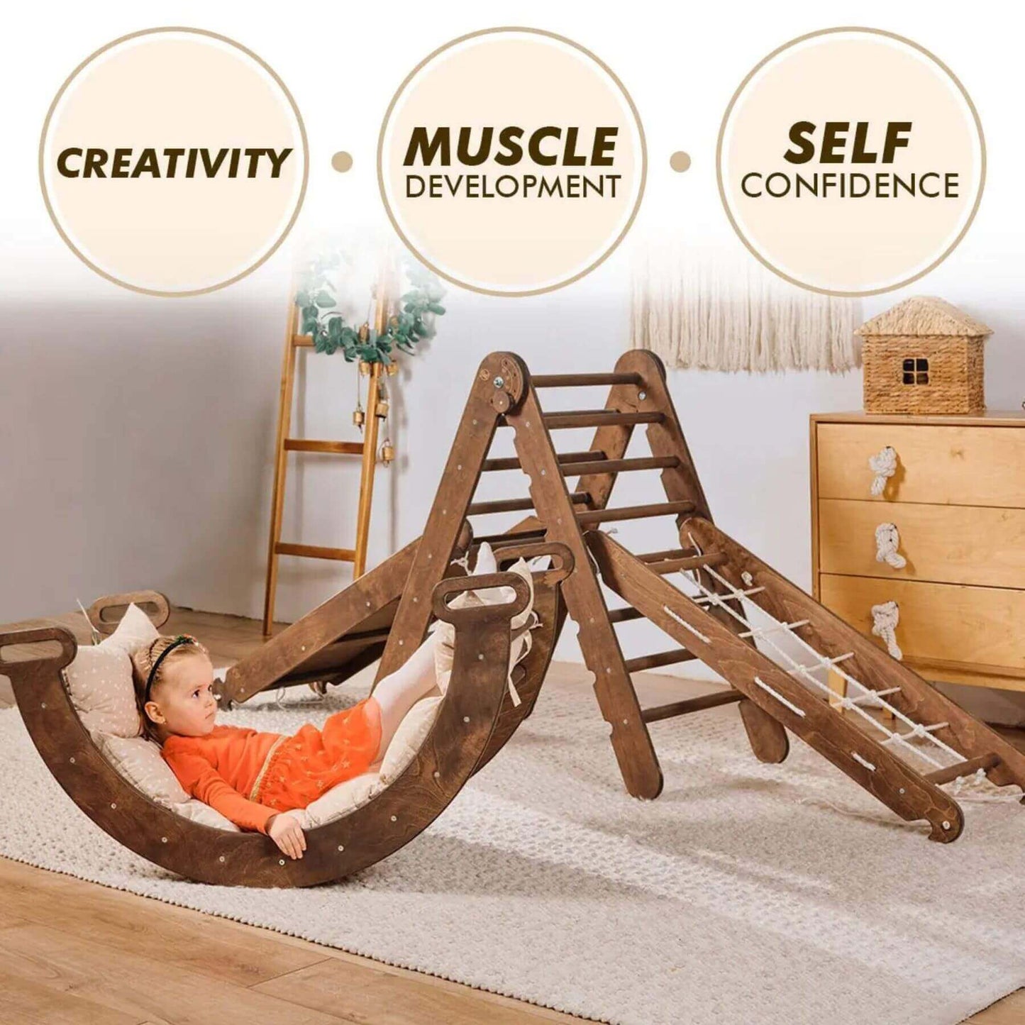 Child playing on Goodevas 5in1 Montessori Climbing Set - Chocolate with labels for creativity, muscle development, and self-confidence.