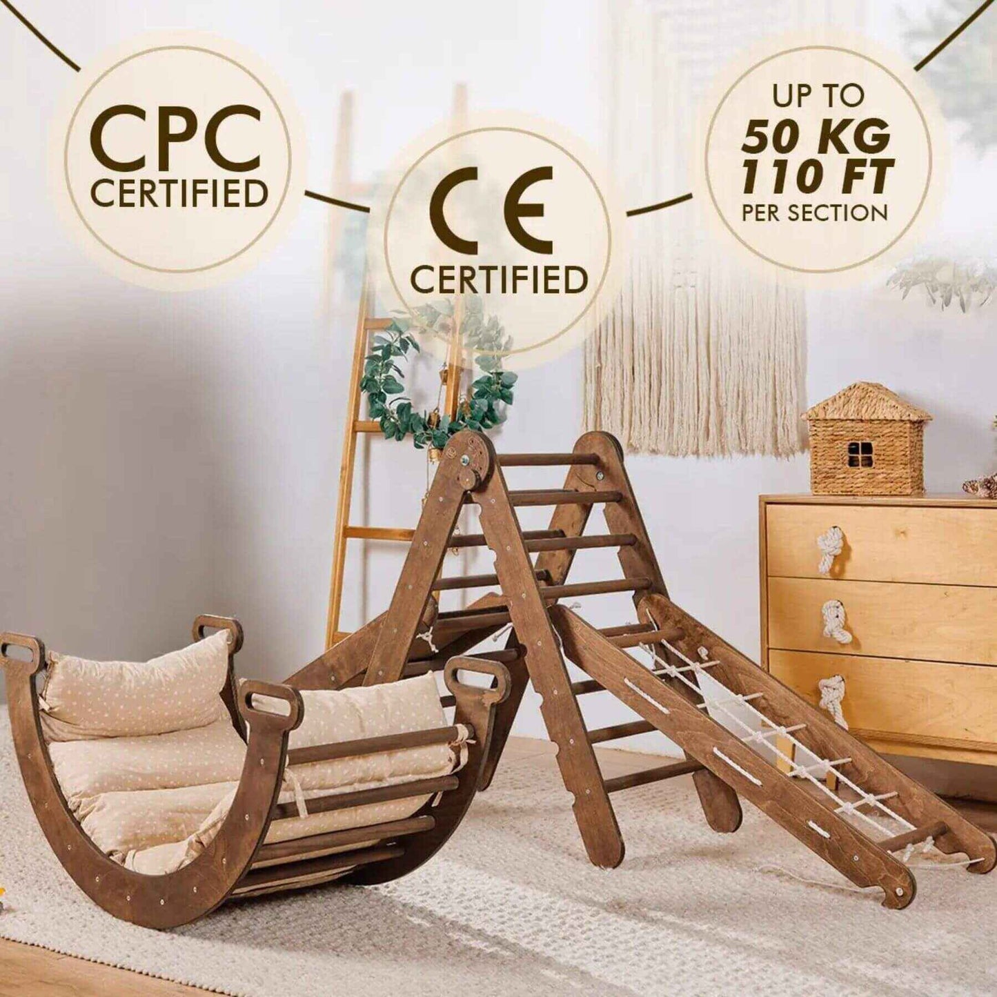 Goodevas 5in1 Montessori Climbing Set - Chocolate, featuring CPC and CE certification logos, in a room setting.
