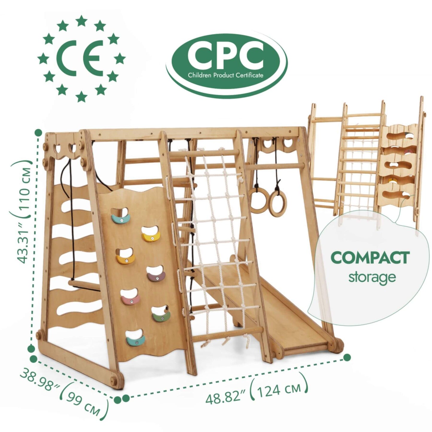 Goodevas 6in1 Indoor Jungle Gym, featuring CE and CPC logos, and labeled 'Compact storage'.