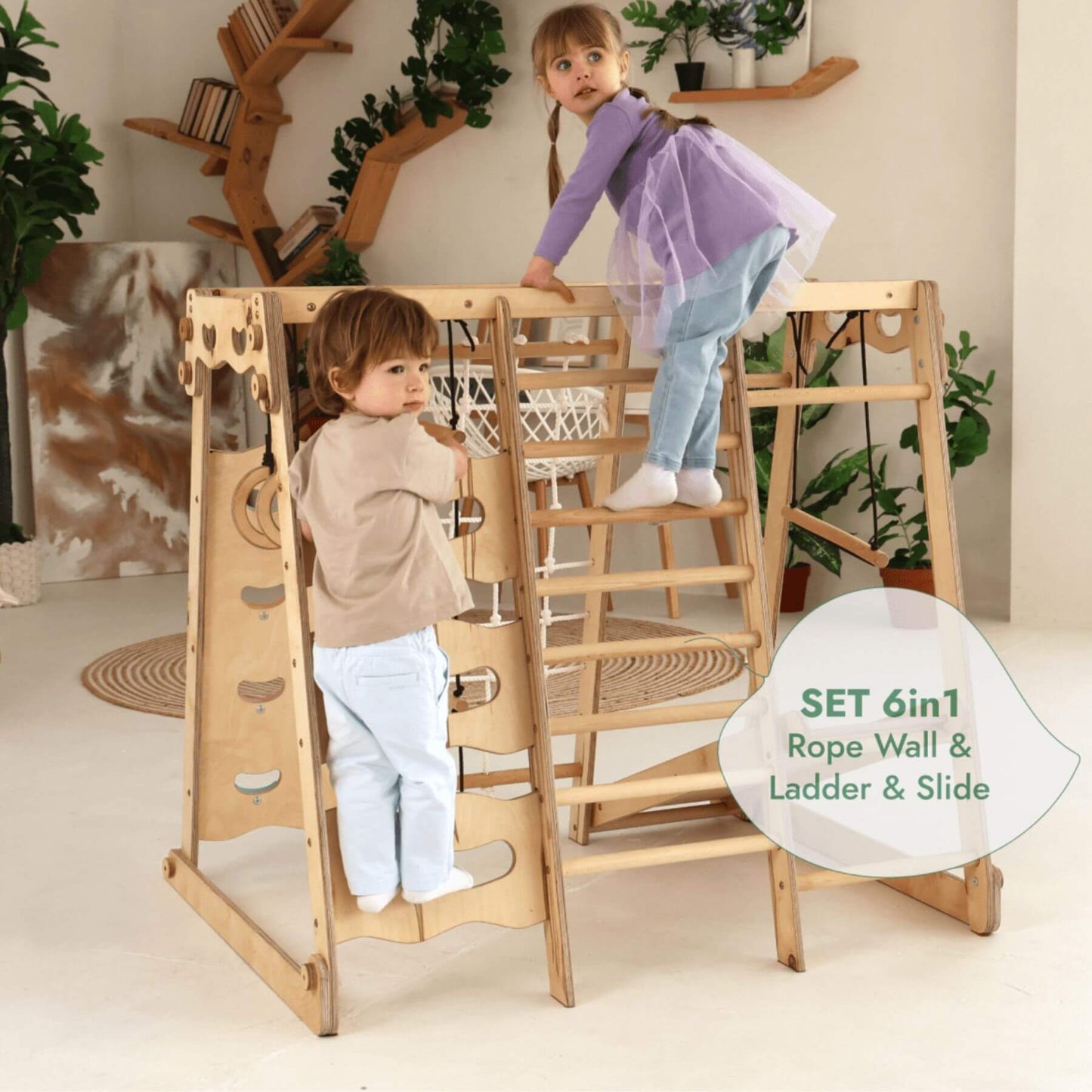 Children playing on Goodevas 6in1 Indoor Jungle Gym in a home setting.