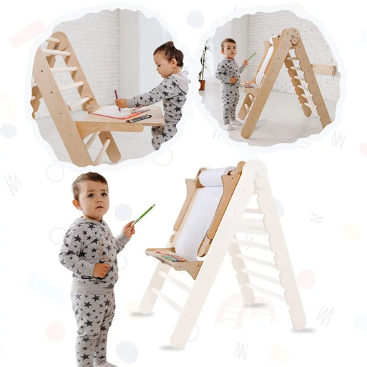 Collage of a child using a wooden climbing frame with Goodevas Art Addition