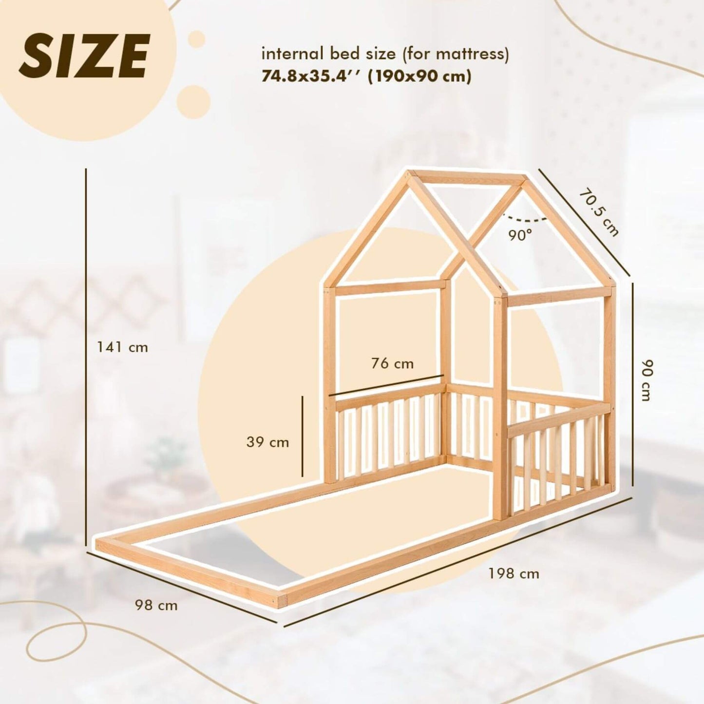 Goodevas Wooden Montessori House Floor Bed with dimensions