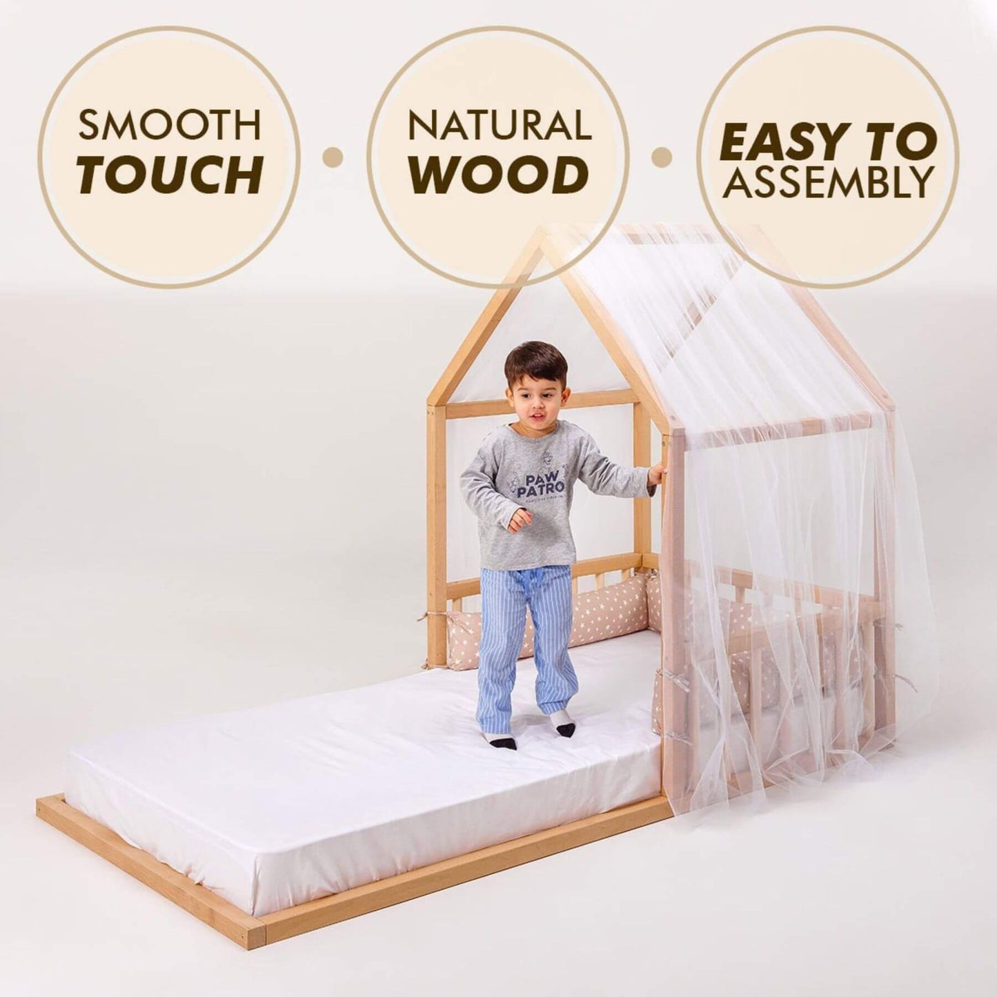 Boy Standing on Goodevas Wooden Montessori House Floor Bed