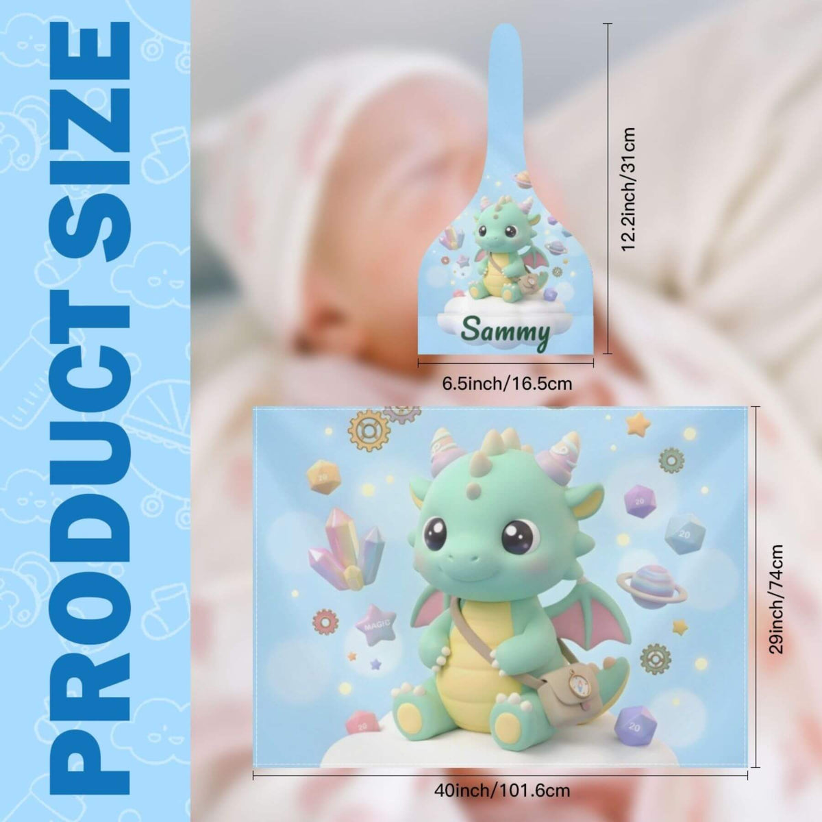 Product size diagram showing a baby keepsake box with a cute cartoon dragon design. The top inset shows the box closed with a small dragon illustration and the name 'Sammy' on a blue lid, labeled 12.