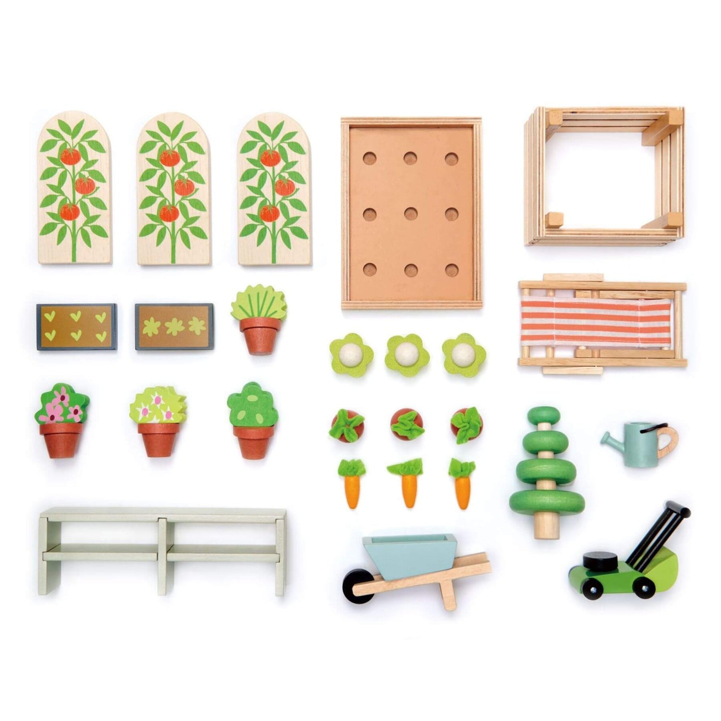 Set of wooden gardening toys on a white background