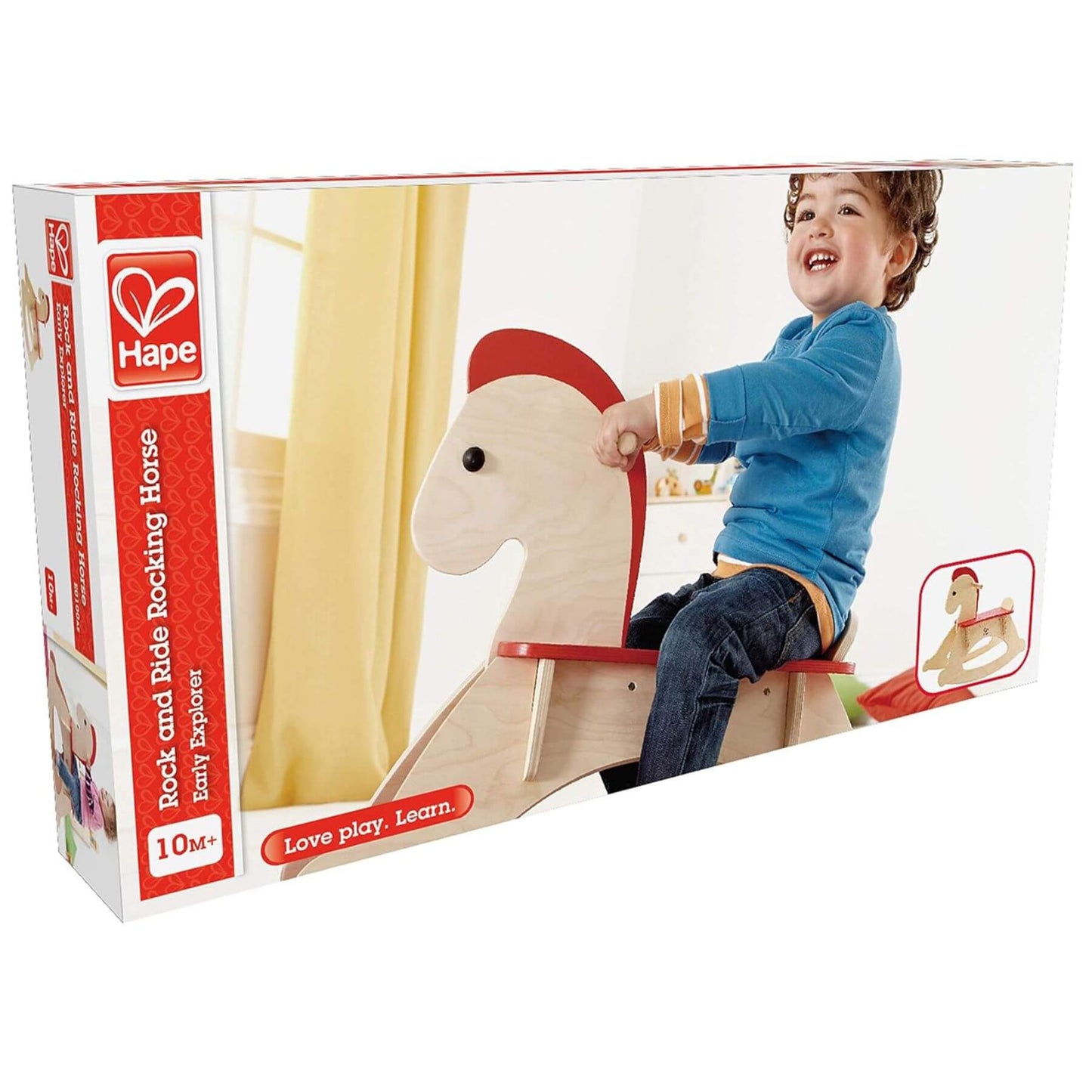 Hape rock and ride rocking horse packaging with a child on it, featuring the Hape logo.