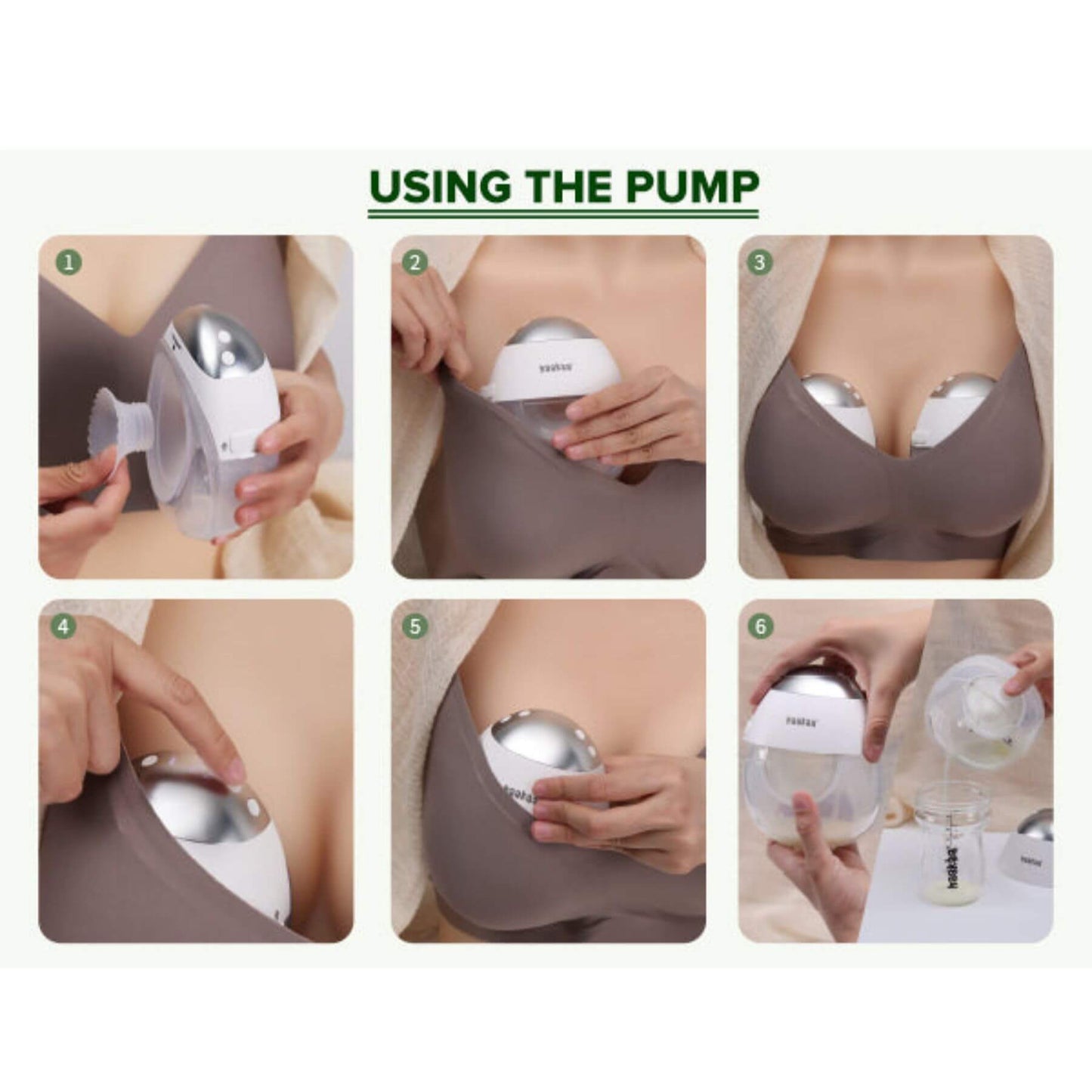 Step-by-step guide on using a breast pump with close-up images of hands and pump.
