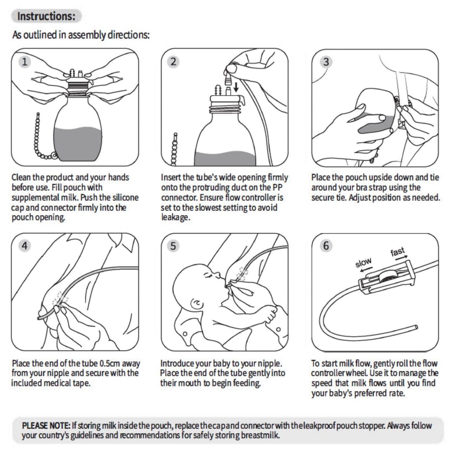 Step-by-step assembly and usage instructions for a breast milk storage and feeding device.