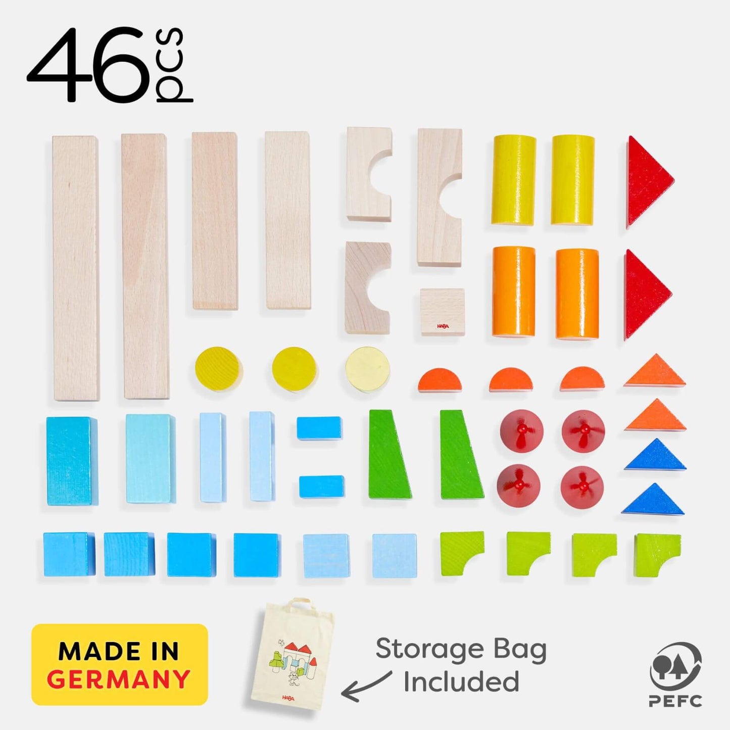 Set of colorful wooden blocks with storage bag included