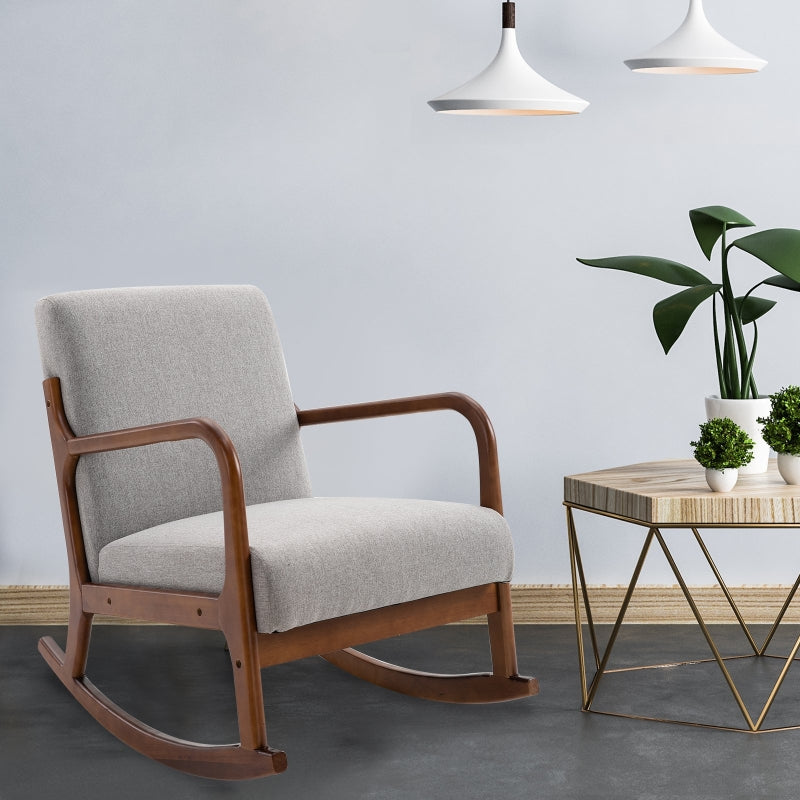 HOMCOM Upholstered Nursery Rocking Armchair | Wood Base & Linen Fabric Seat | Grey