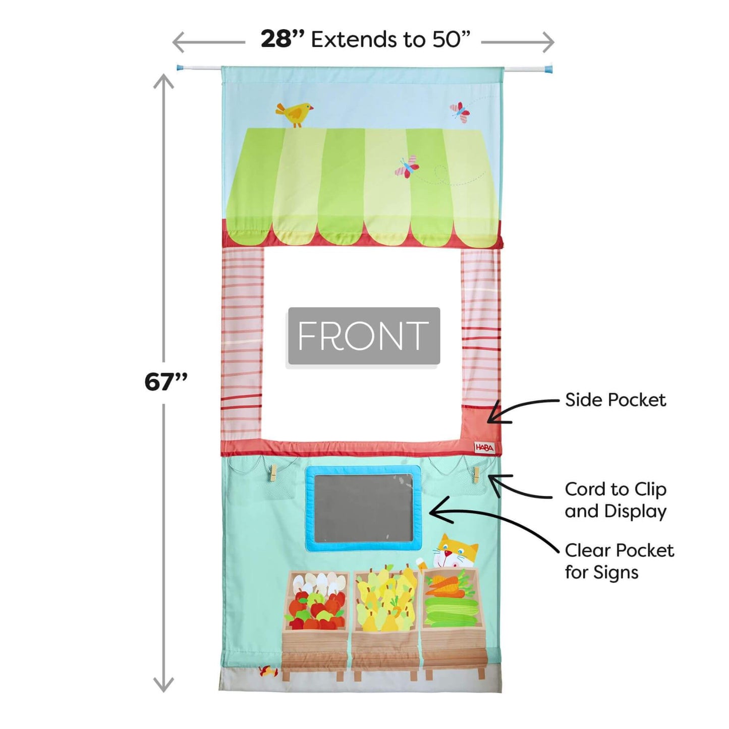 HABA USA Hanging Doorway Play Store with dimensions and features labeled on a white background