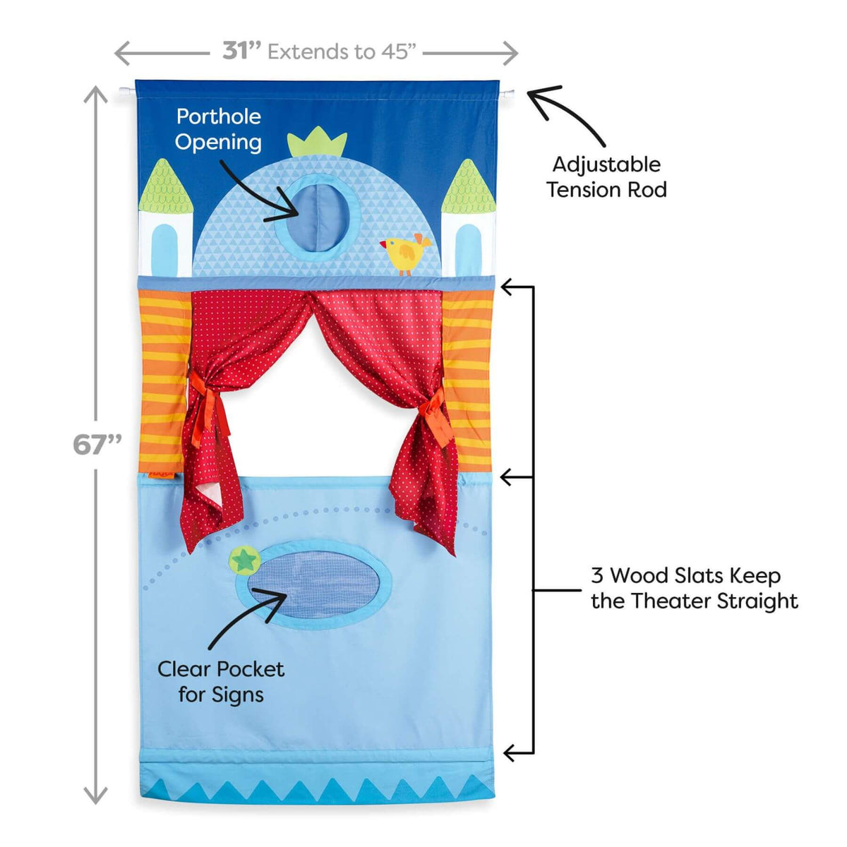 Measurement chart of HABA USA Hanging Doorway Puppet Theater and features labeled.