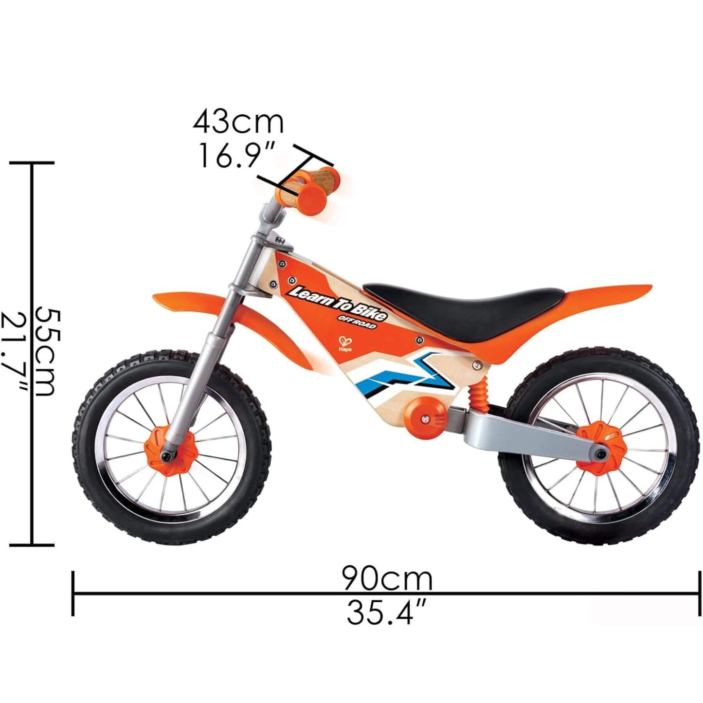 Hape Off Road Balance Bike with measurements on a white background