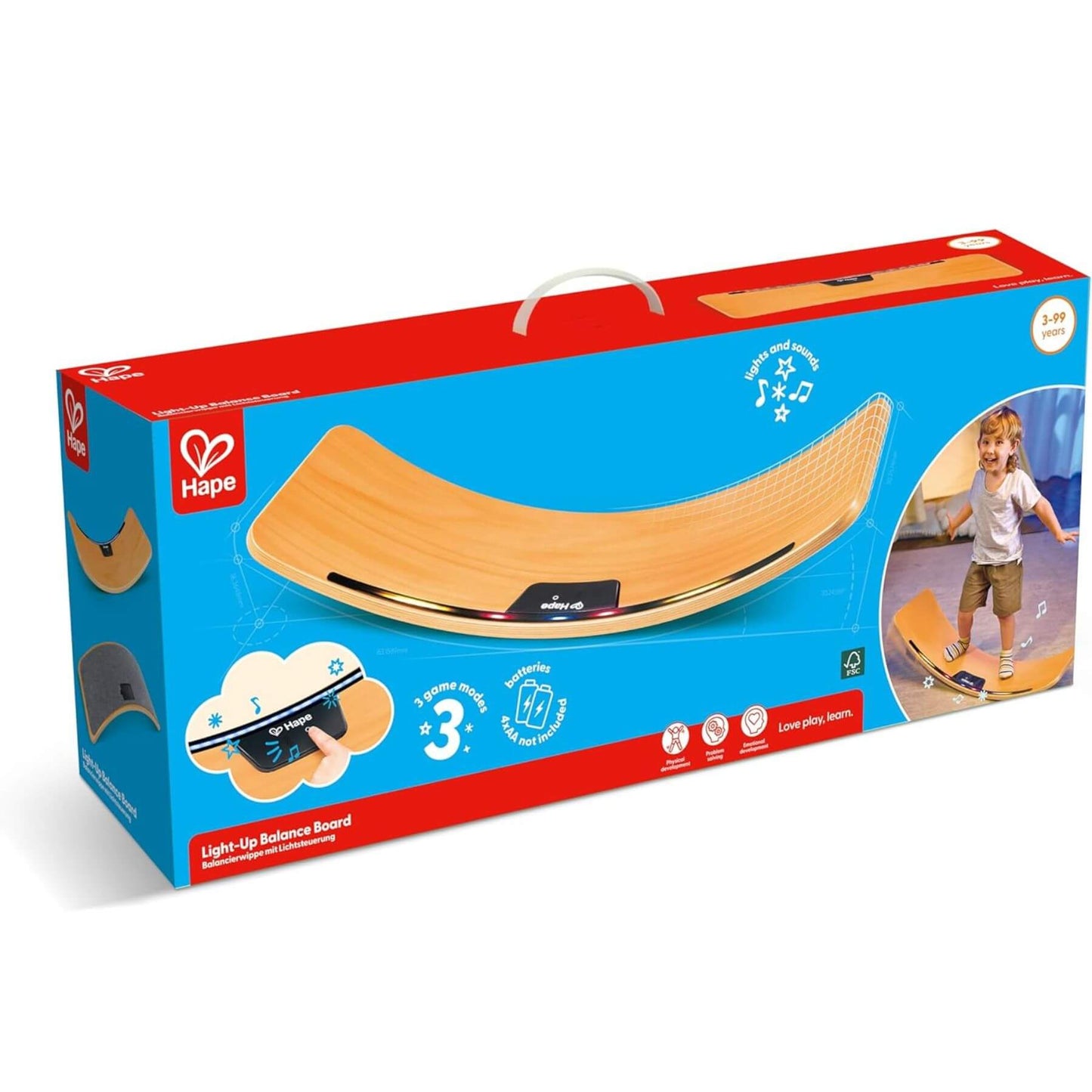 Hape light-up balance board packaging on a white background