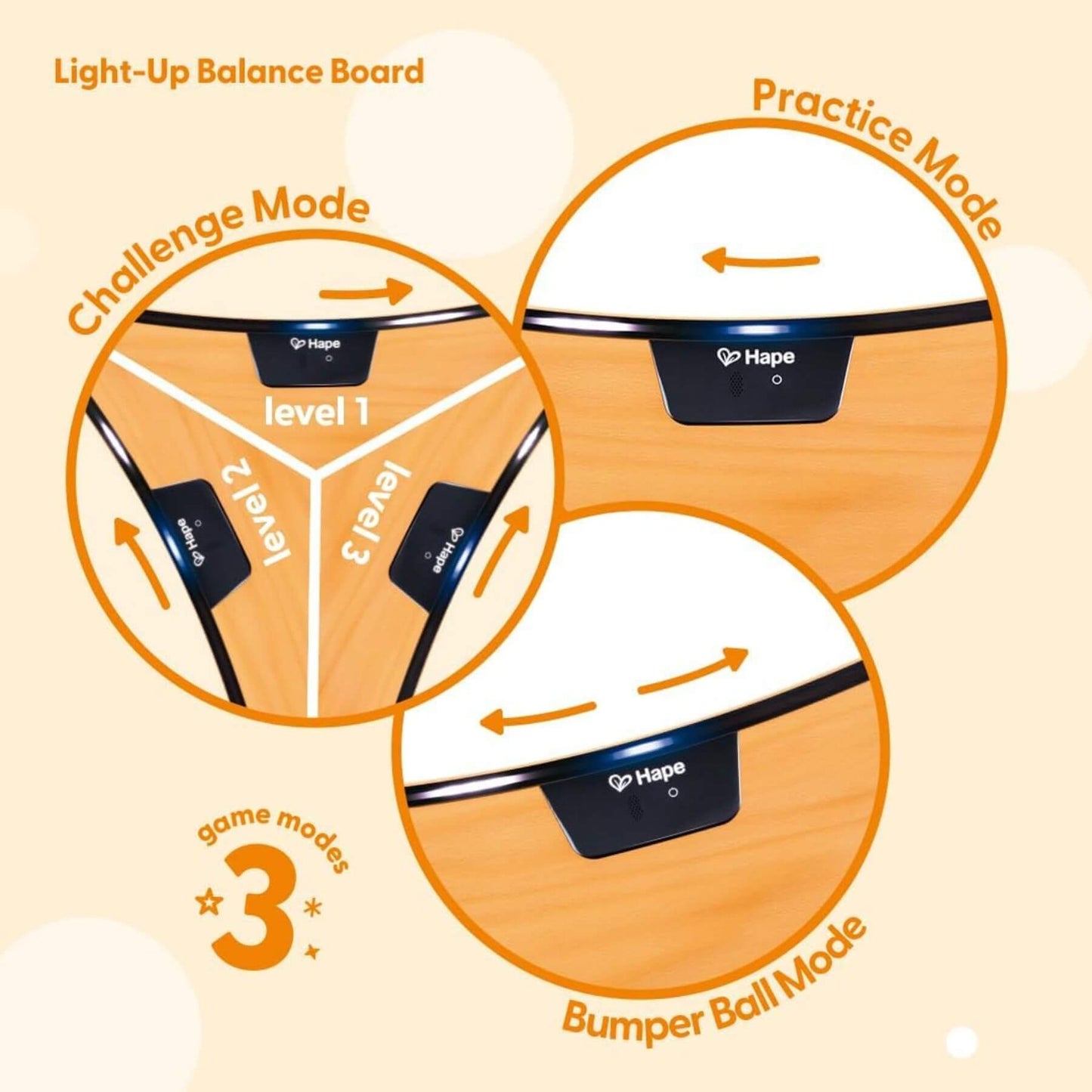 Light-up balance board with different modes on a beige background