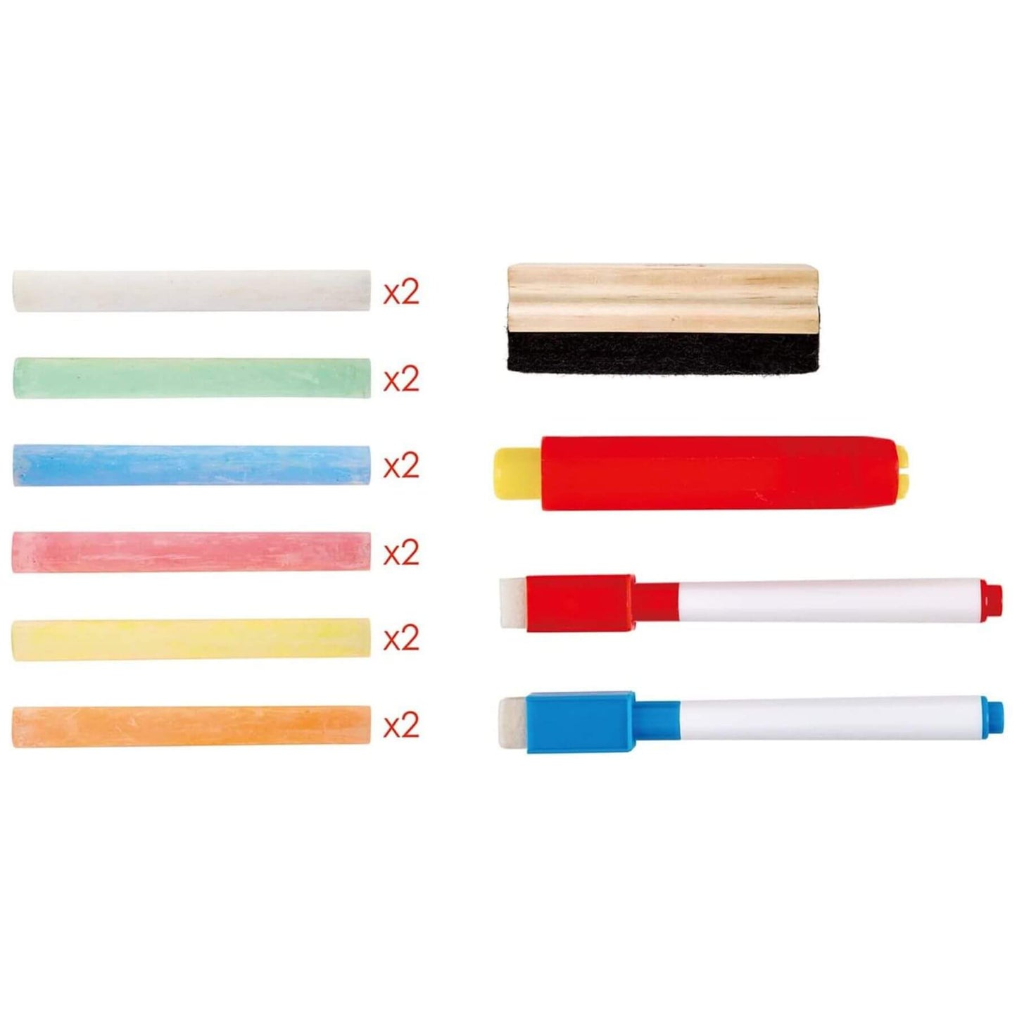 Set of colorful markers and erasers on a white background