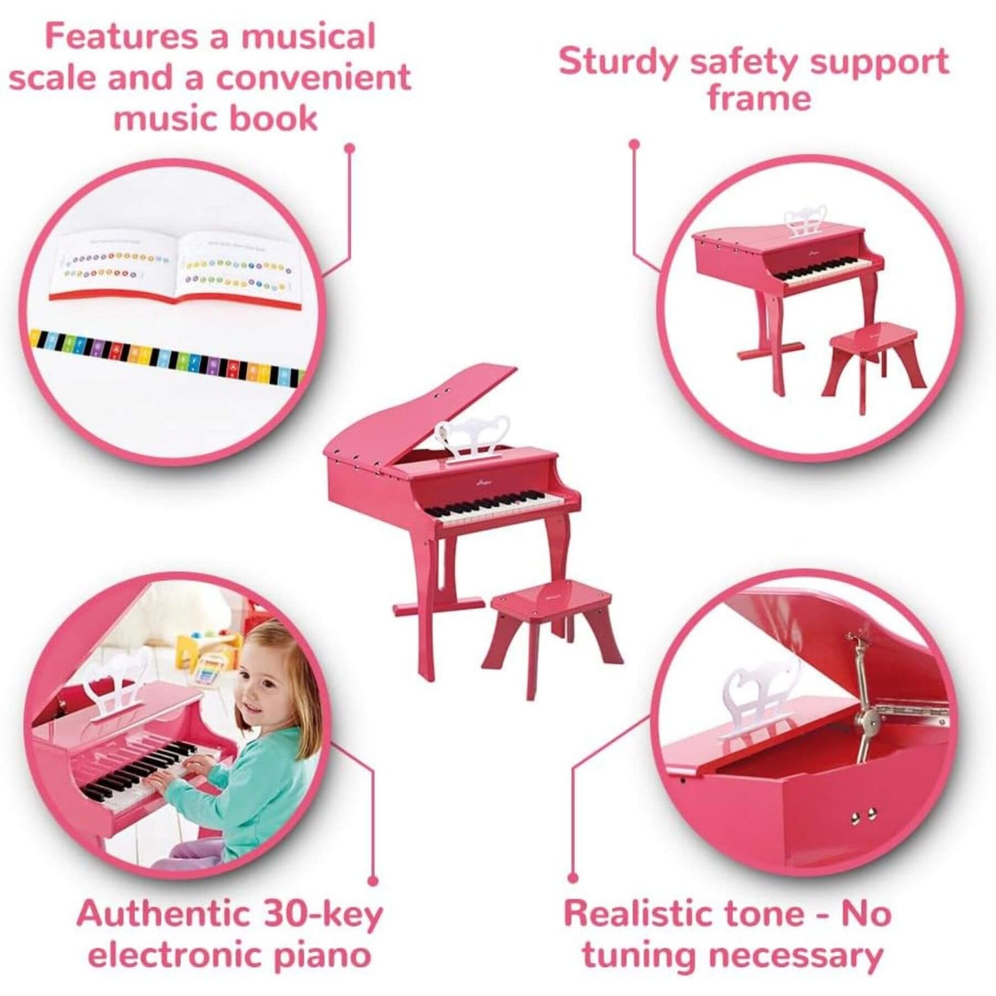 Pink toy piano with features highlighted on a white background