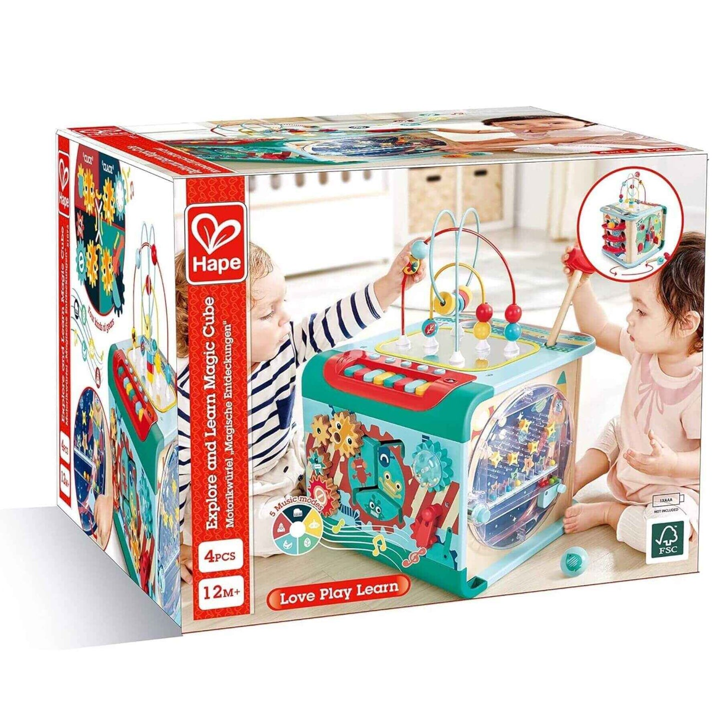 Hape educational toy packaging with children playing around it