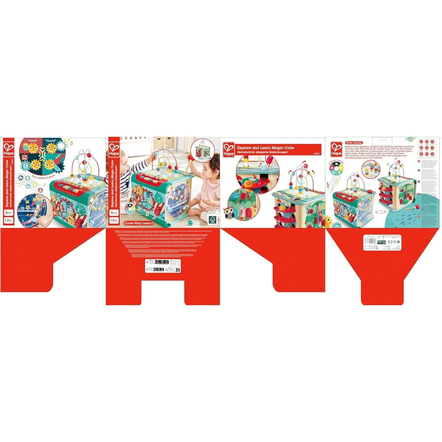 Toy activity center packaging with multiple views on a white background