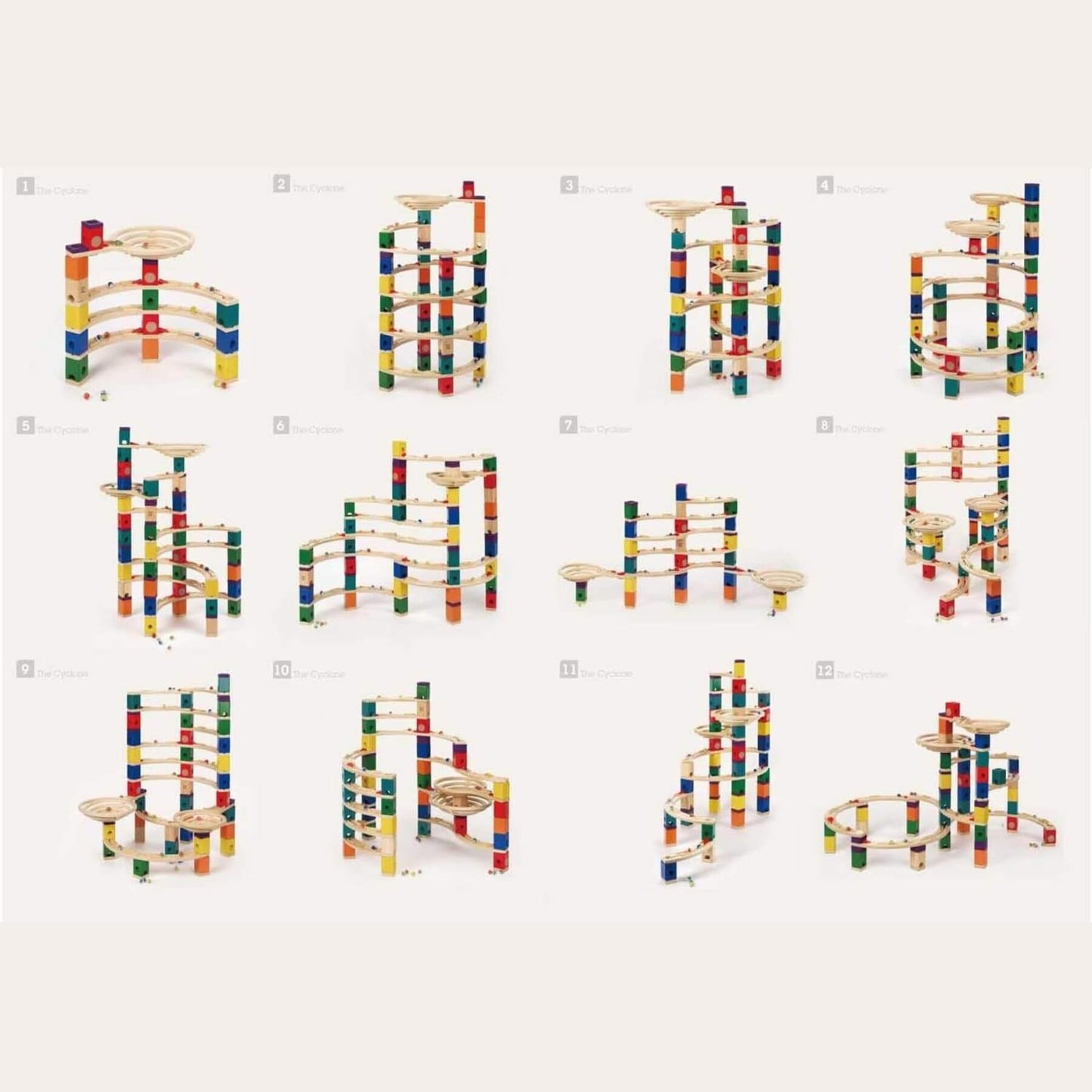 Different Forms of Hape Quadrilla Cyclone Wooden Marble Run Blocks