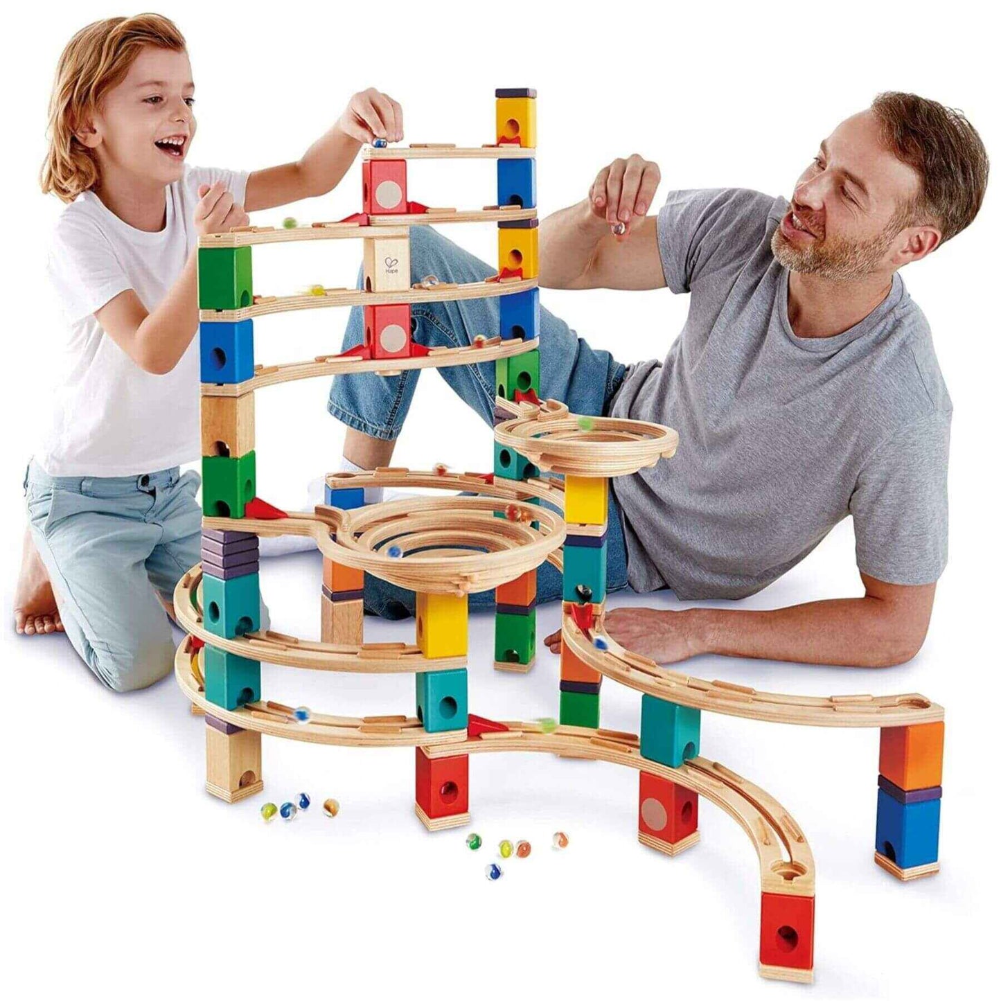 Dad & Kid Playing Hape Quadrilla Cyclone Wooden Marble Run Blocks