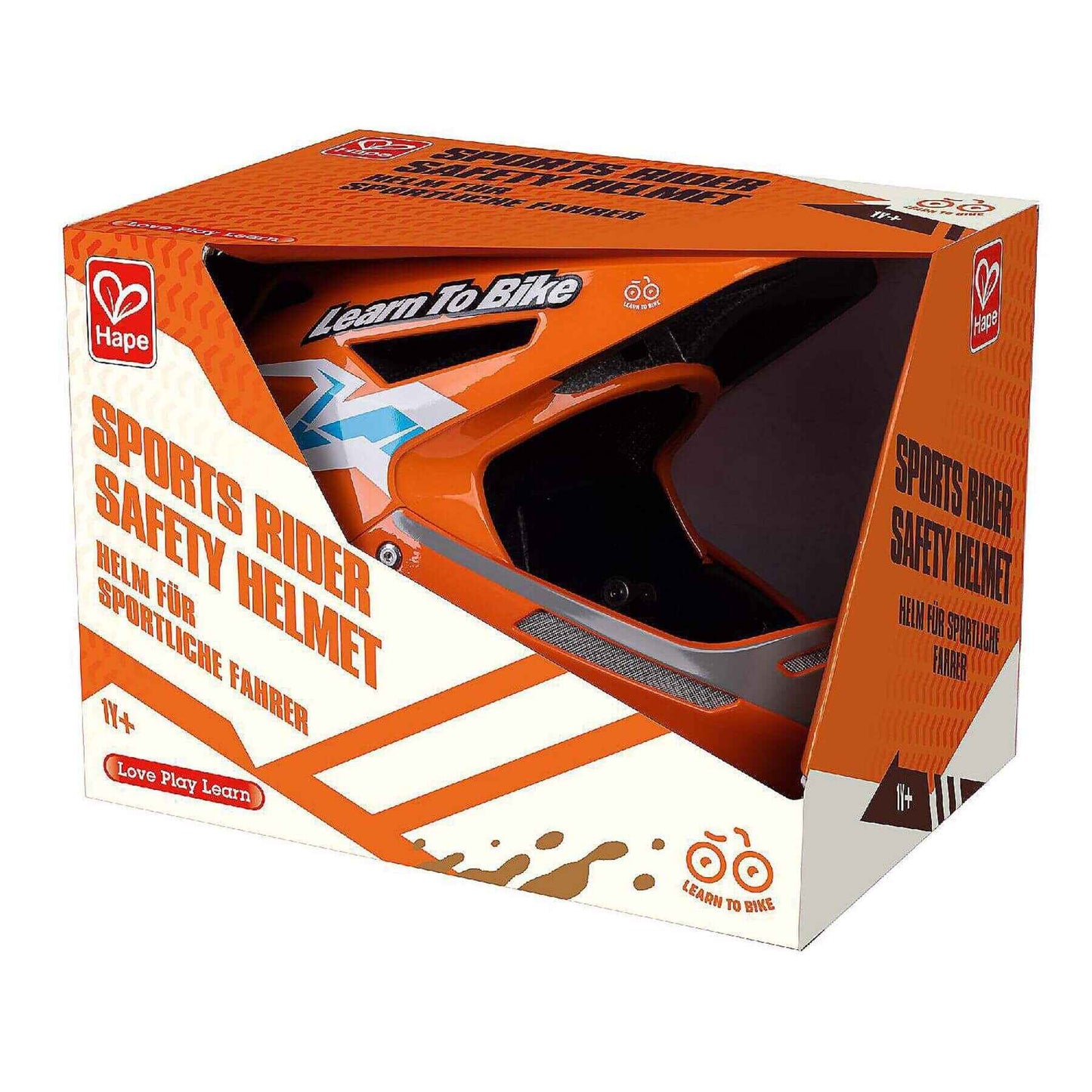 Boxed Hape Sports Rider Safety Helmet with orange and white design
