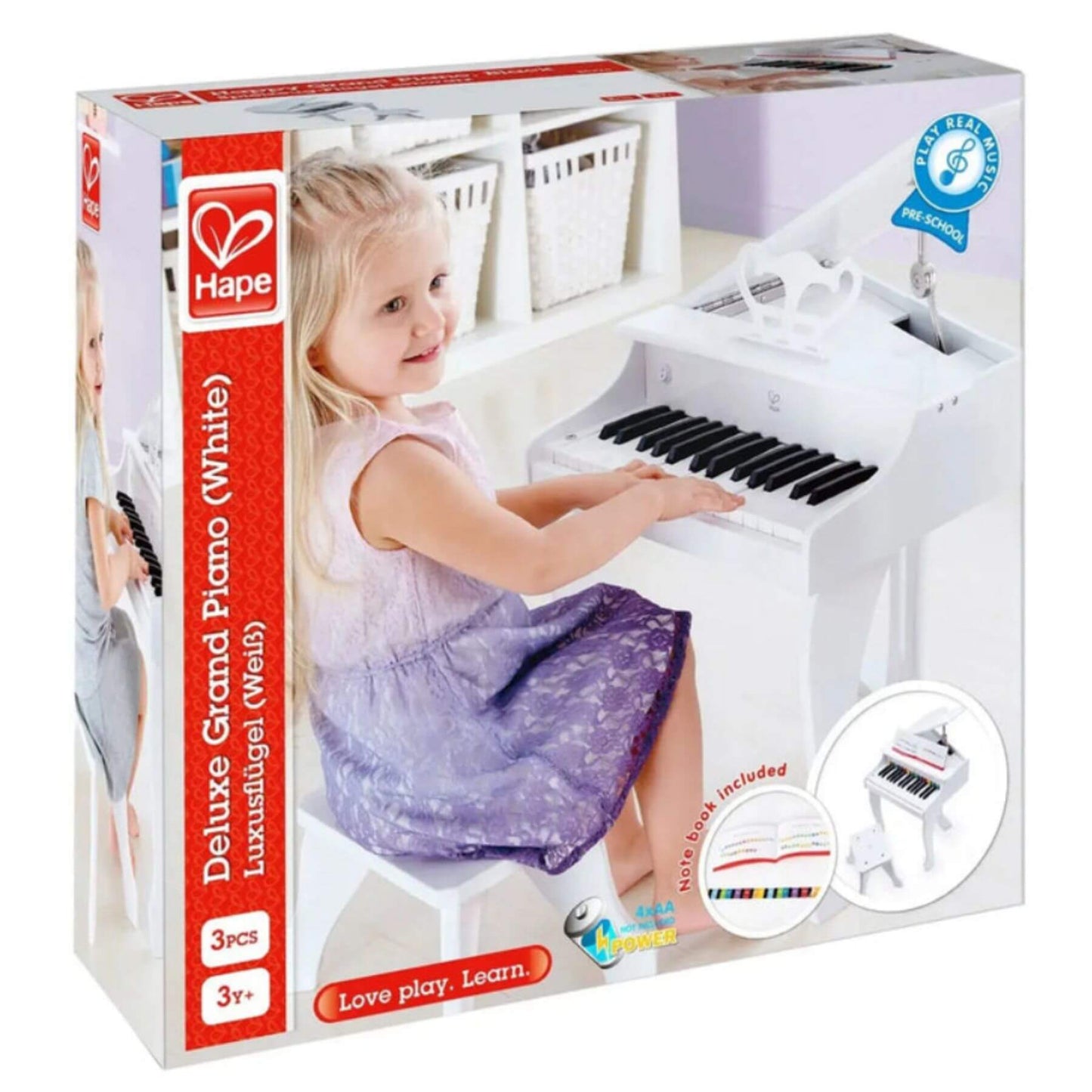 Hape Deluxe Grand Piano packaging with a child playing the piano, featuring the Hape logo.