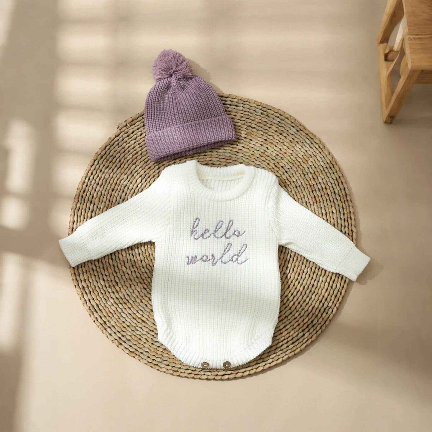Newborn Hello World Knitted Bodysuit Set - Purple