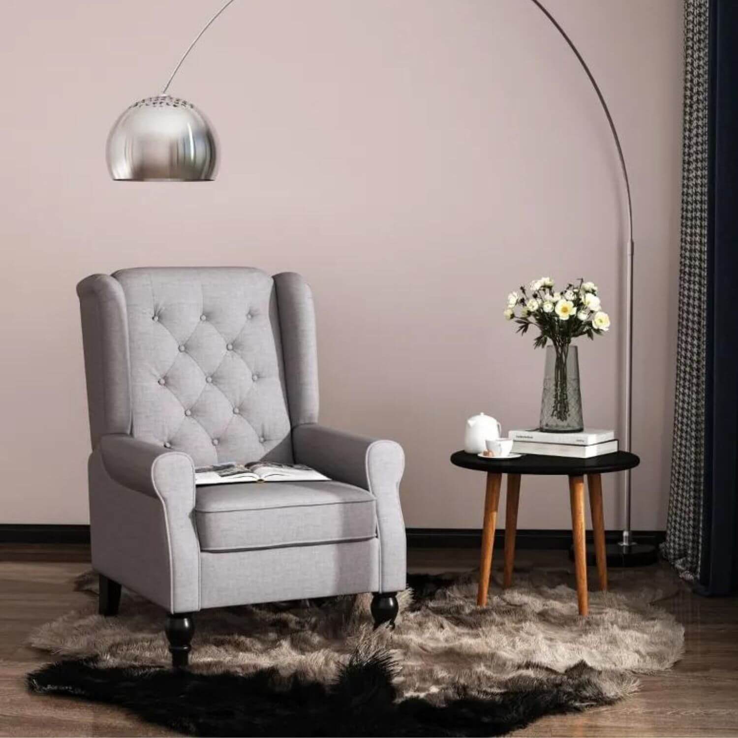 HOMCOM Button-Tufted Wingback Nursery Chair in Grey | Armrest and Padded Seat
