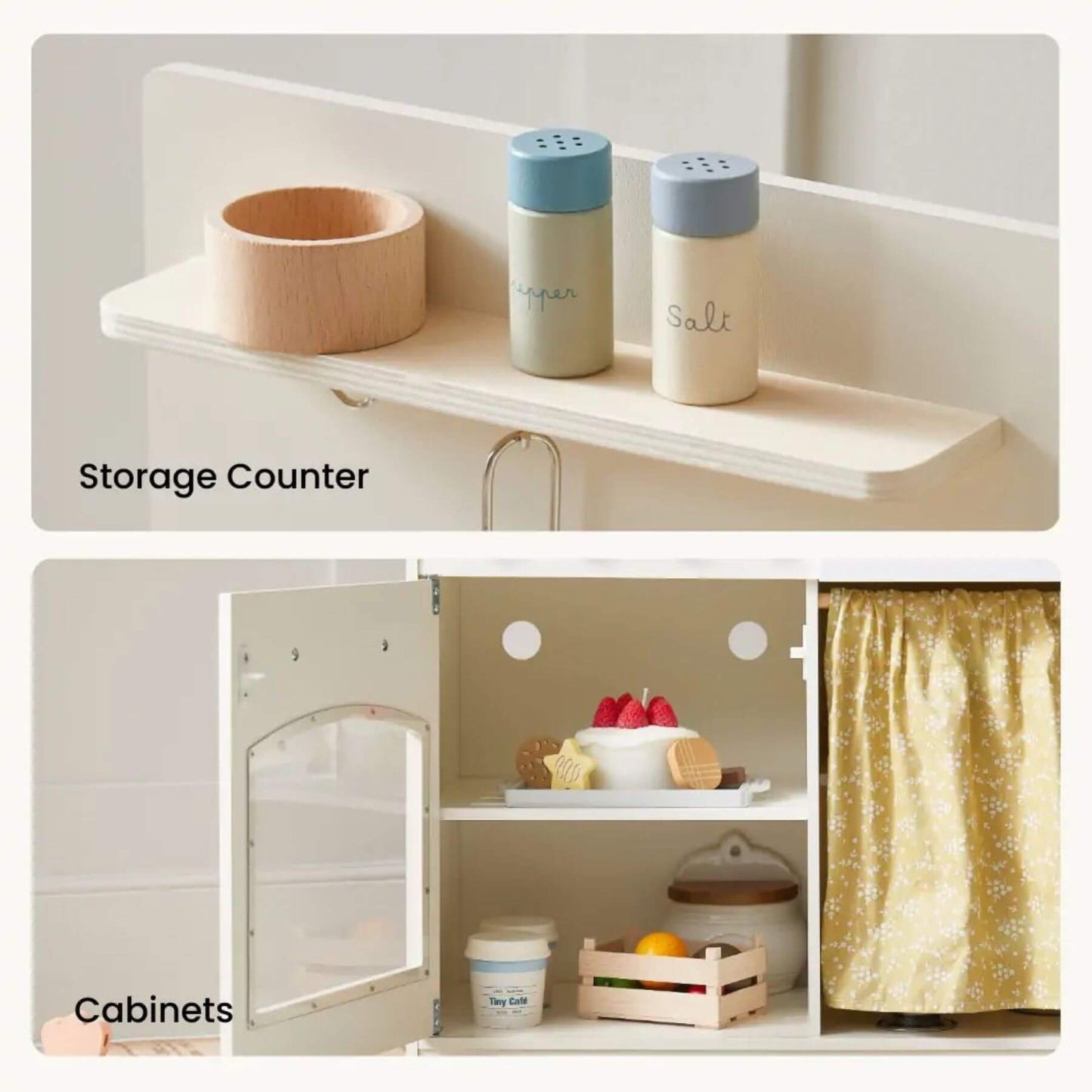 Storage counter with a wooden bowl and salt and pepper shakers, followed by open cabinets with food items.