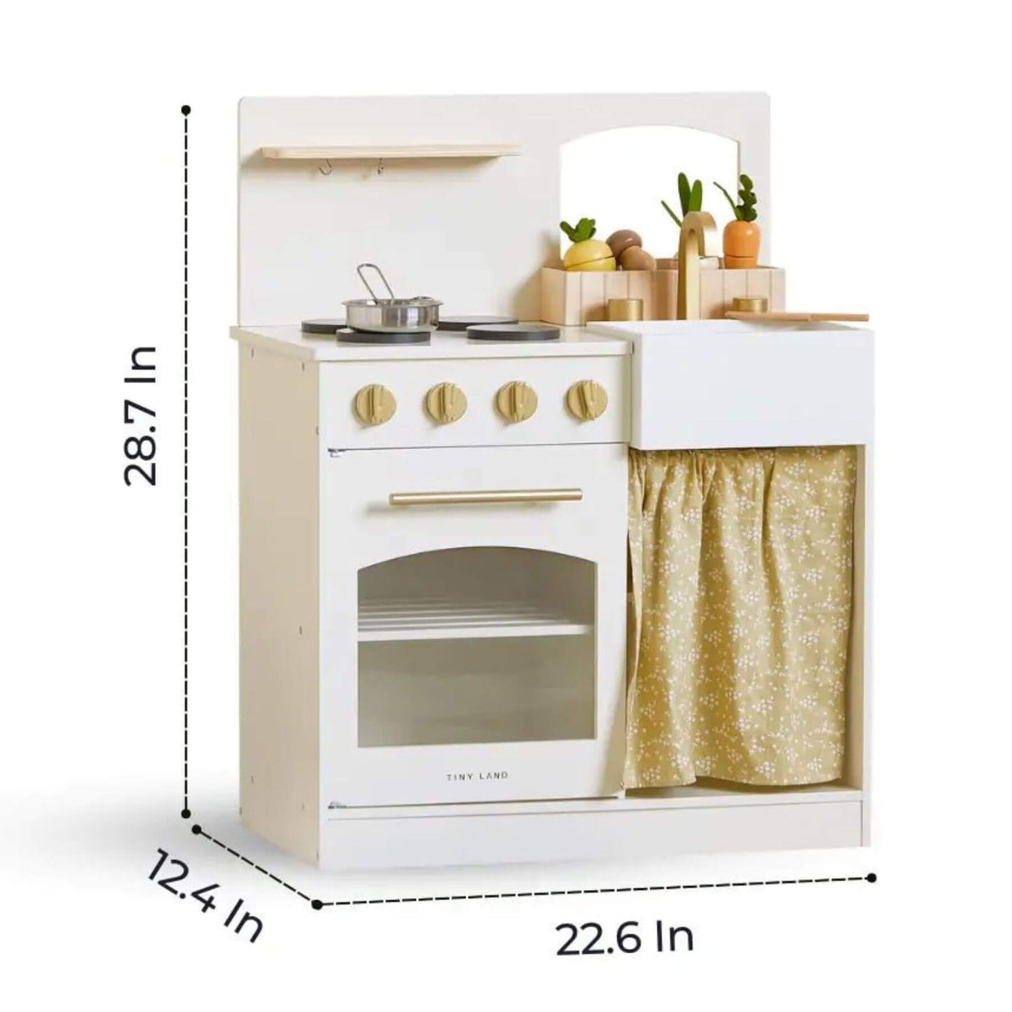 Tiny Land® Honey Kitchenette - Little Chef's First Kitchen with measurements on a white background