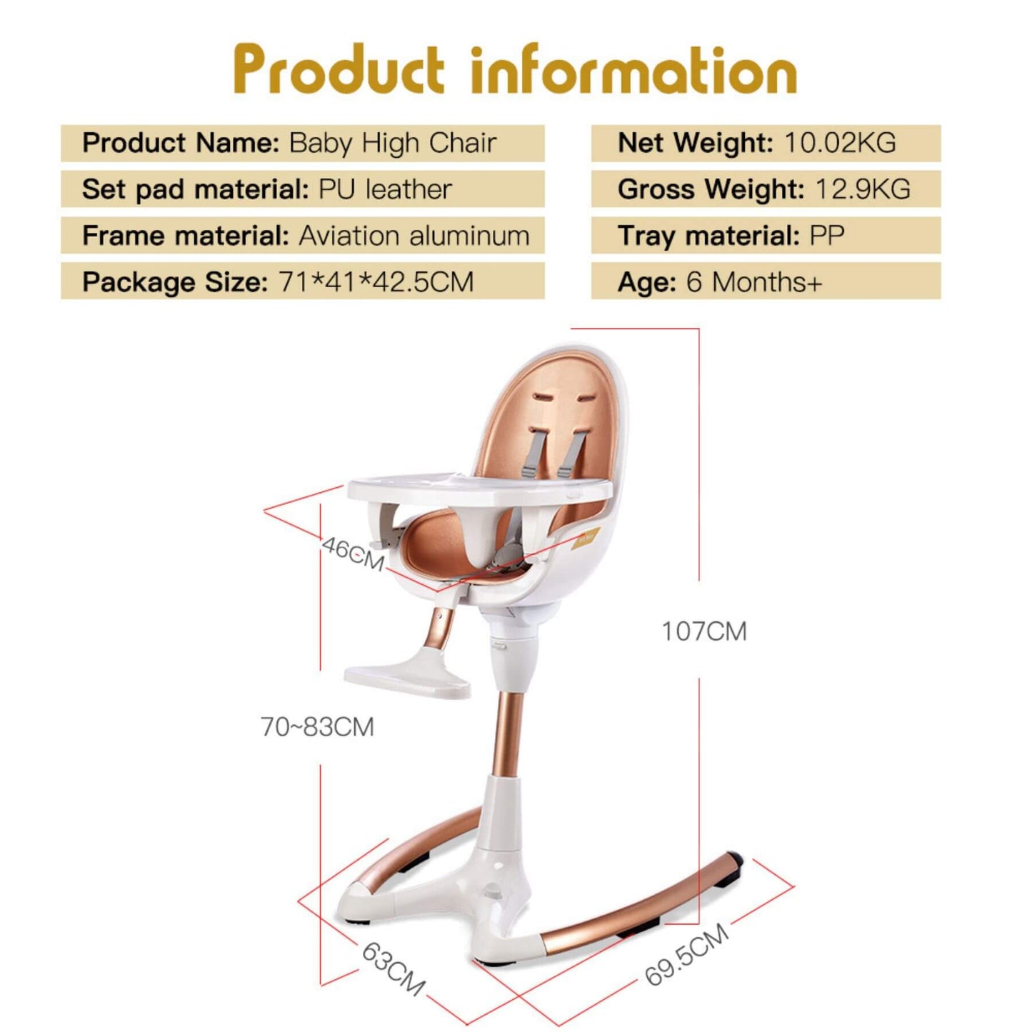 Hot Mom High Chair - White Gold with product information and dimensions on a white background